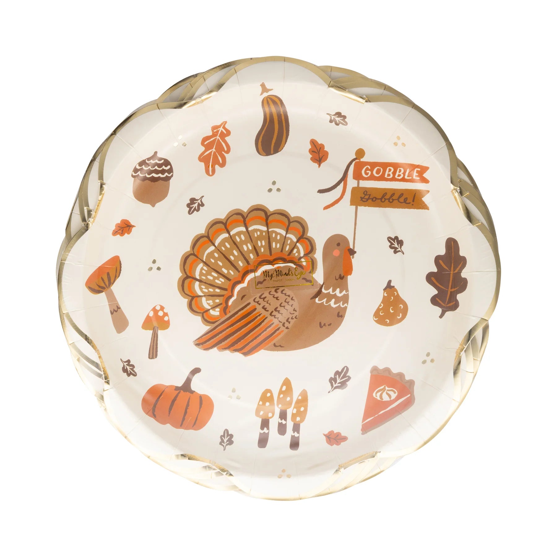 Round scalloped plate with turkey, pumpkins, leaves, mushrooms, and gold-foil rim.