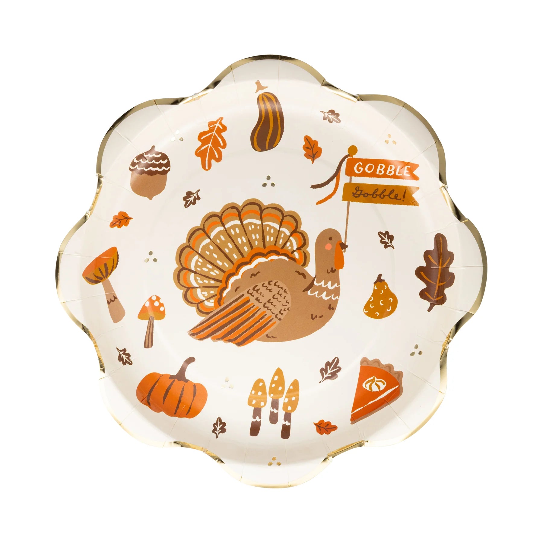 Isolated icons paper plate on white background highlighting gold scalloped edge.