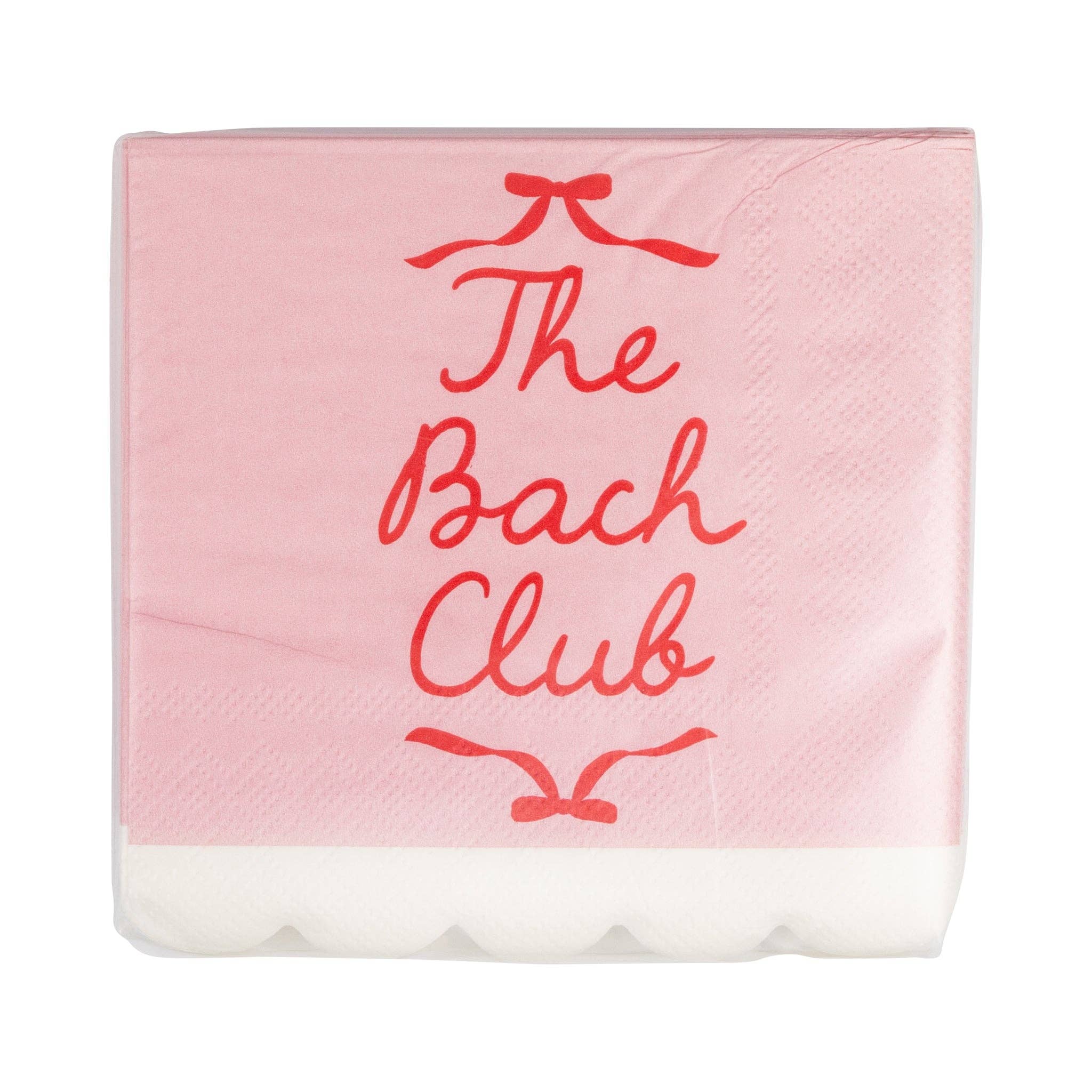 A pack of pink Bach Club party supplies napkins with red script and bow graphics.