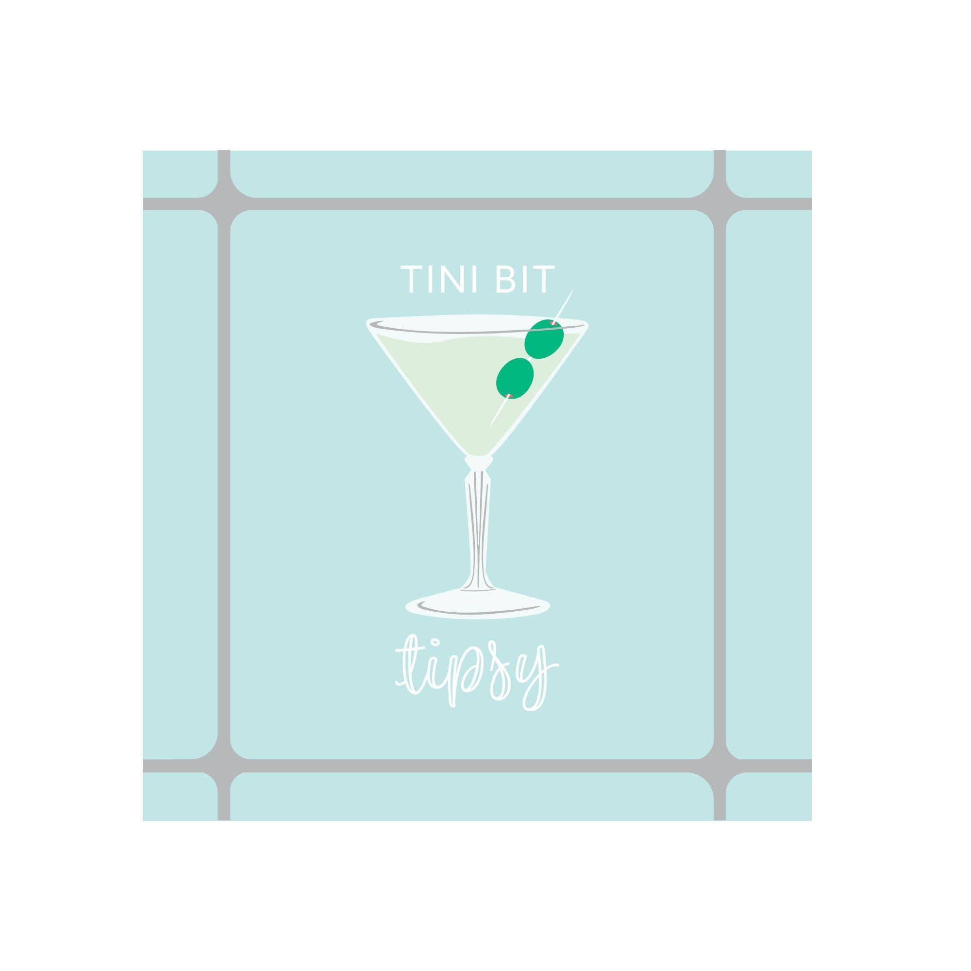 Blue cocktail napkin with martini glass and Tini Bit Tipsy text