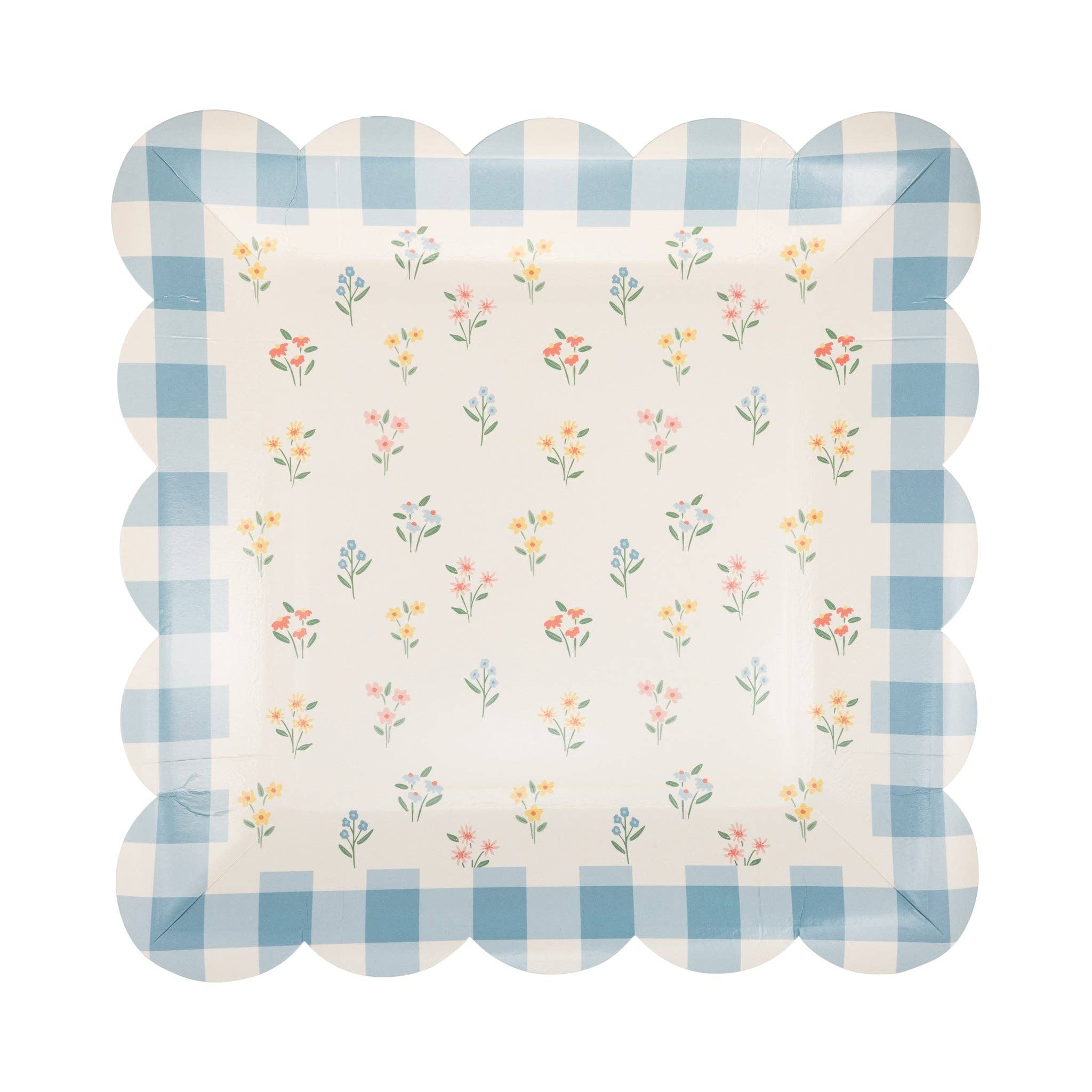 A single square 9x9 paper plate with a blue gingham border and tiny botanical floral center, featuring a scalloped edge.