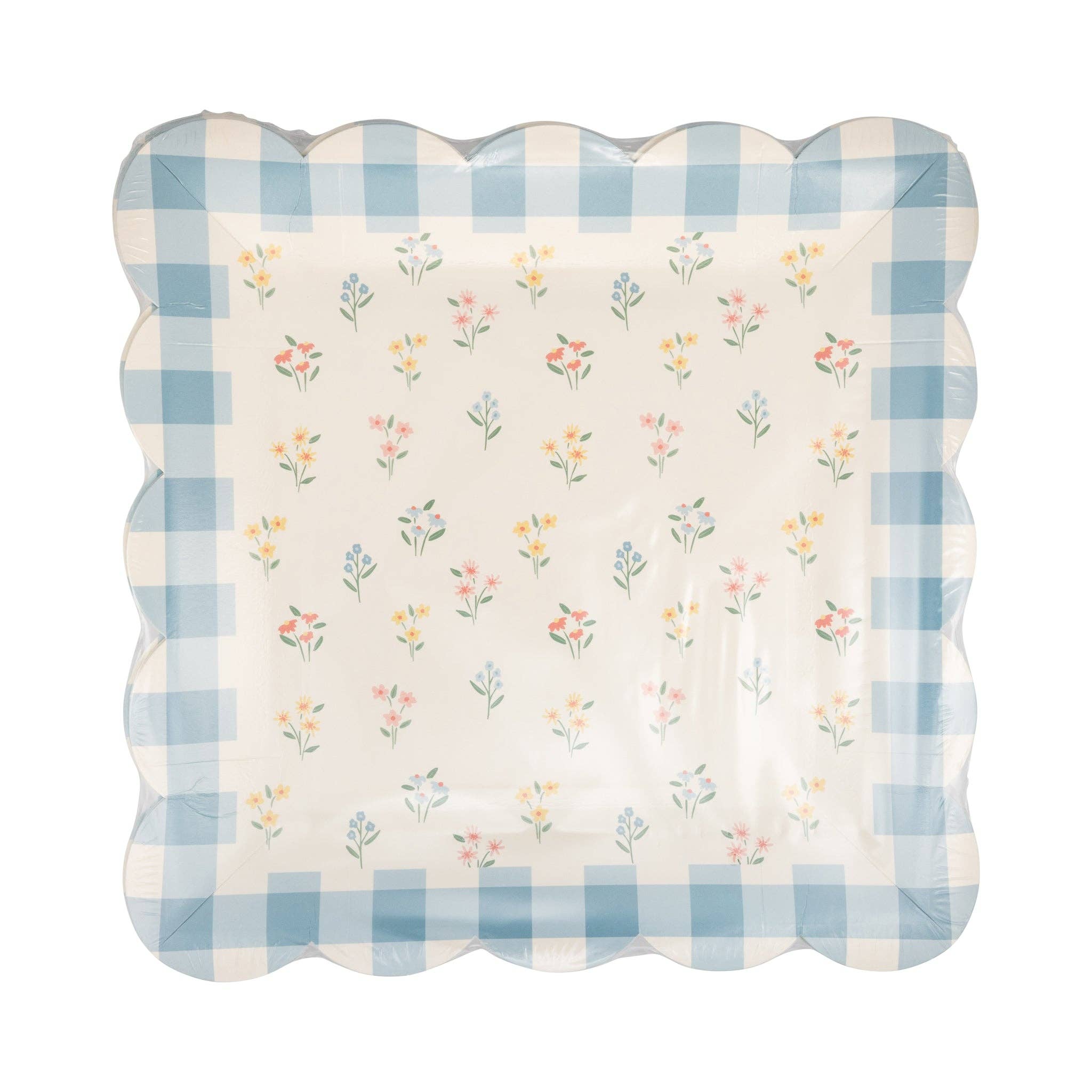 A set of 8 Tiny Floral Gingham paper plates in clear retail packaging, ready for Easter celebrations.