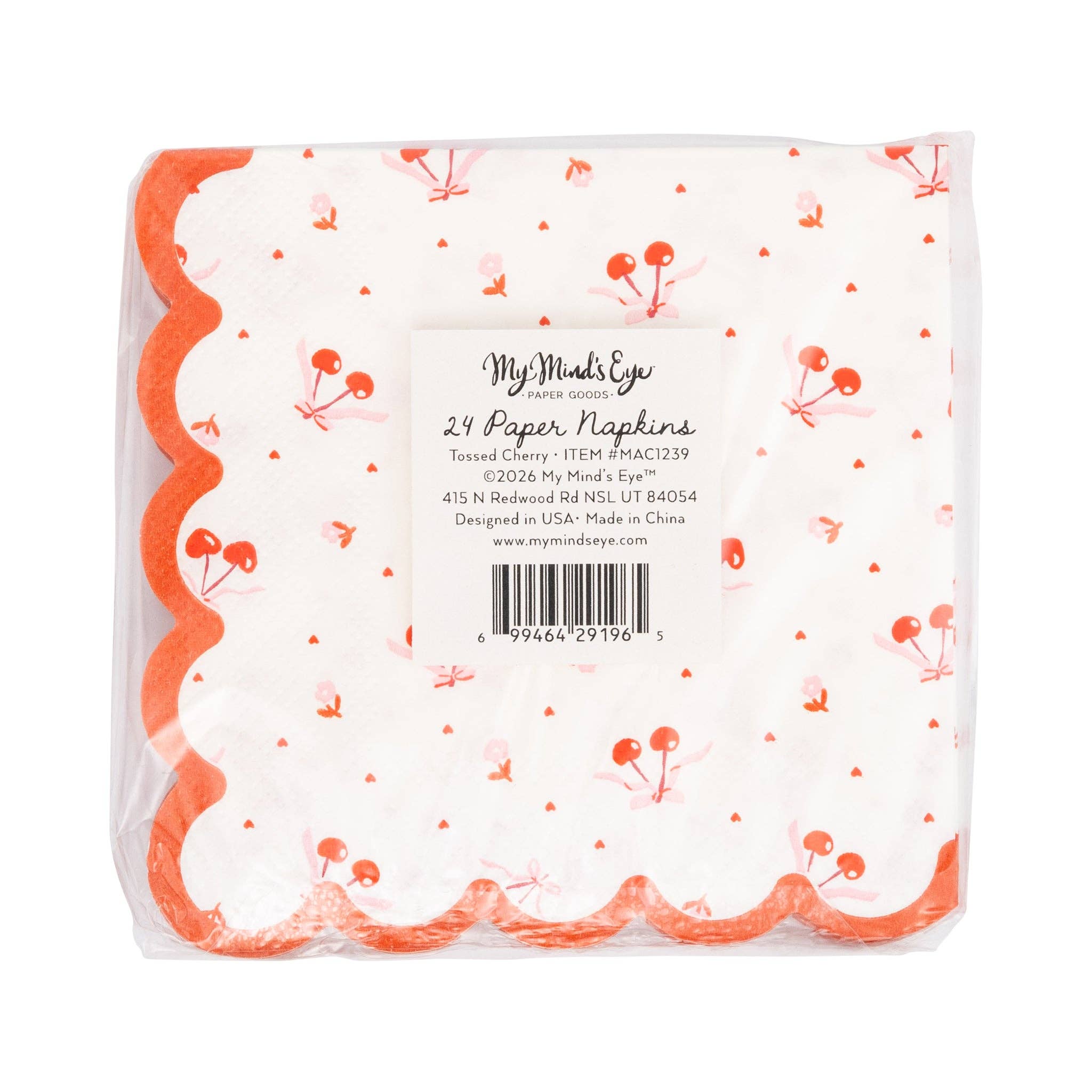 Back view of Tossed Cherry napkin pack with product label