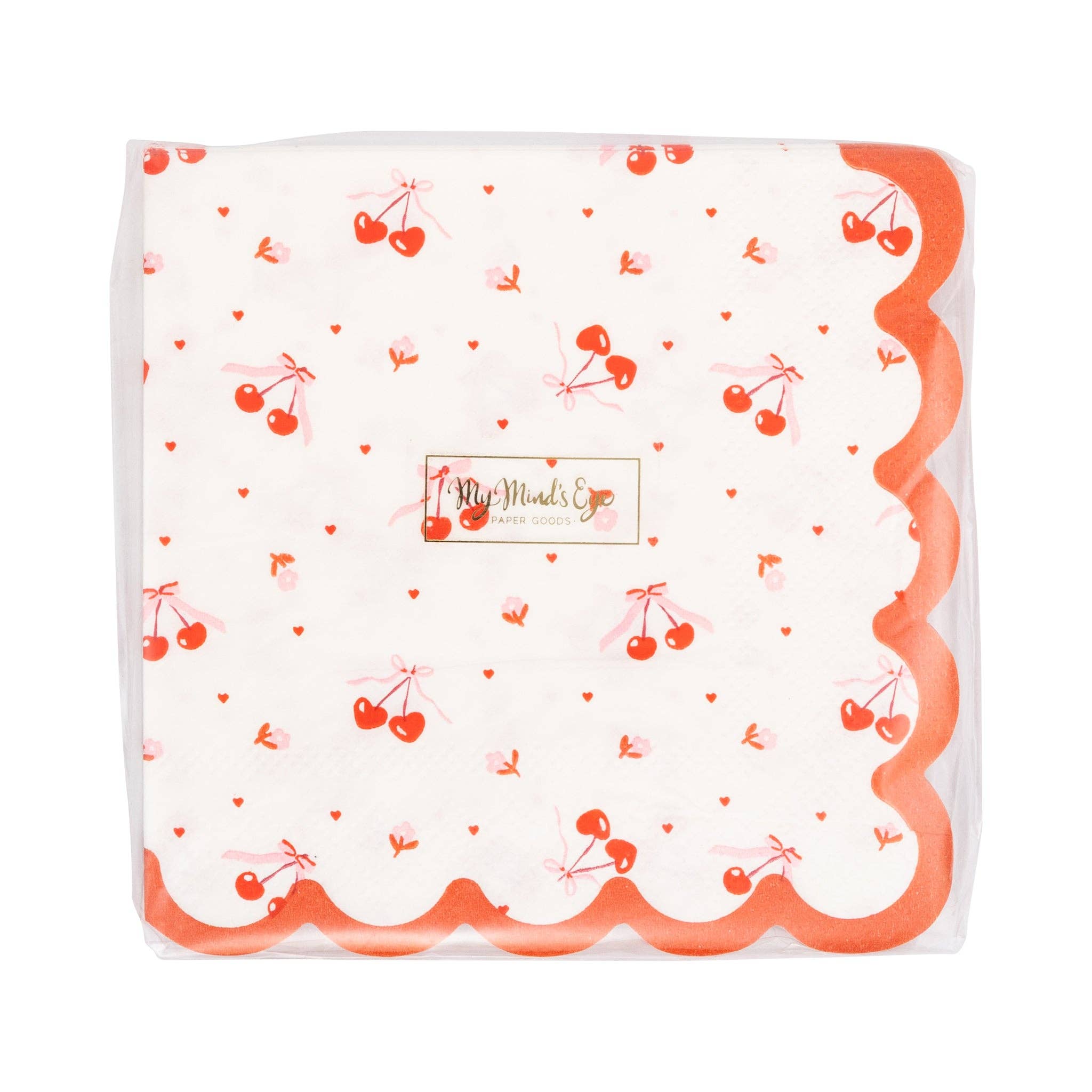 Packaged cherry-pattern cocktail napkins with scalloped edge