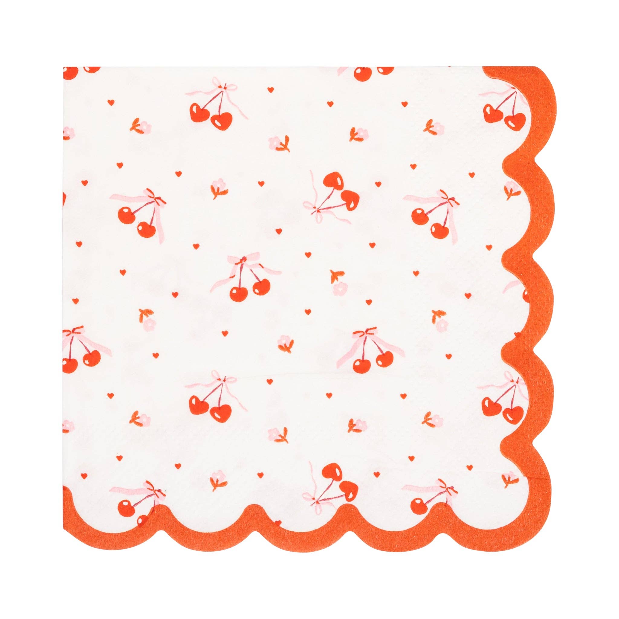 Cocktail napkin with red scalloped edge and tossed cherry pattern