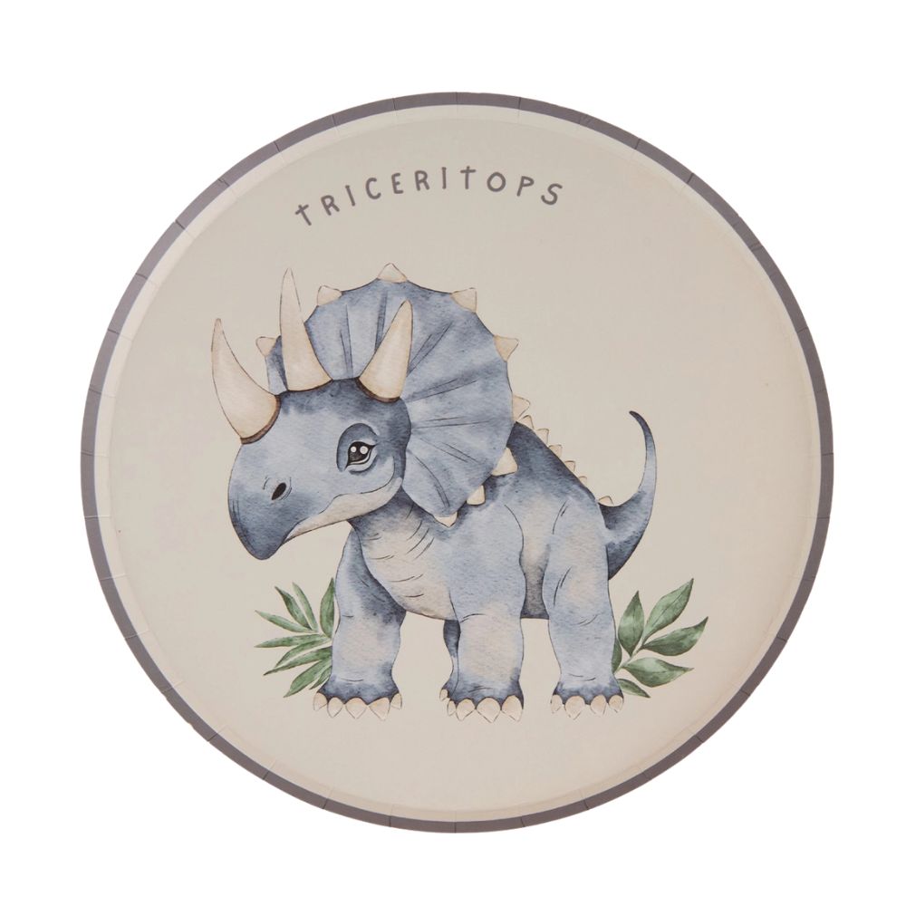 Watercolor Triceratops illustration on a round dessert plate