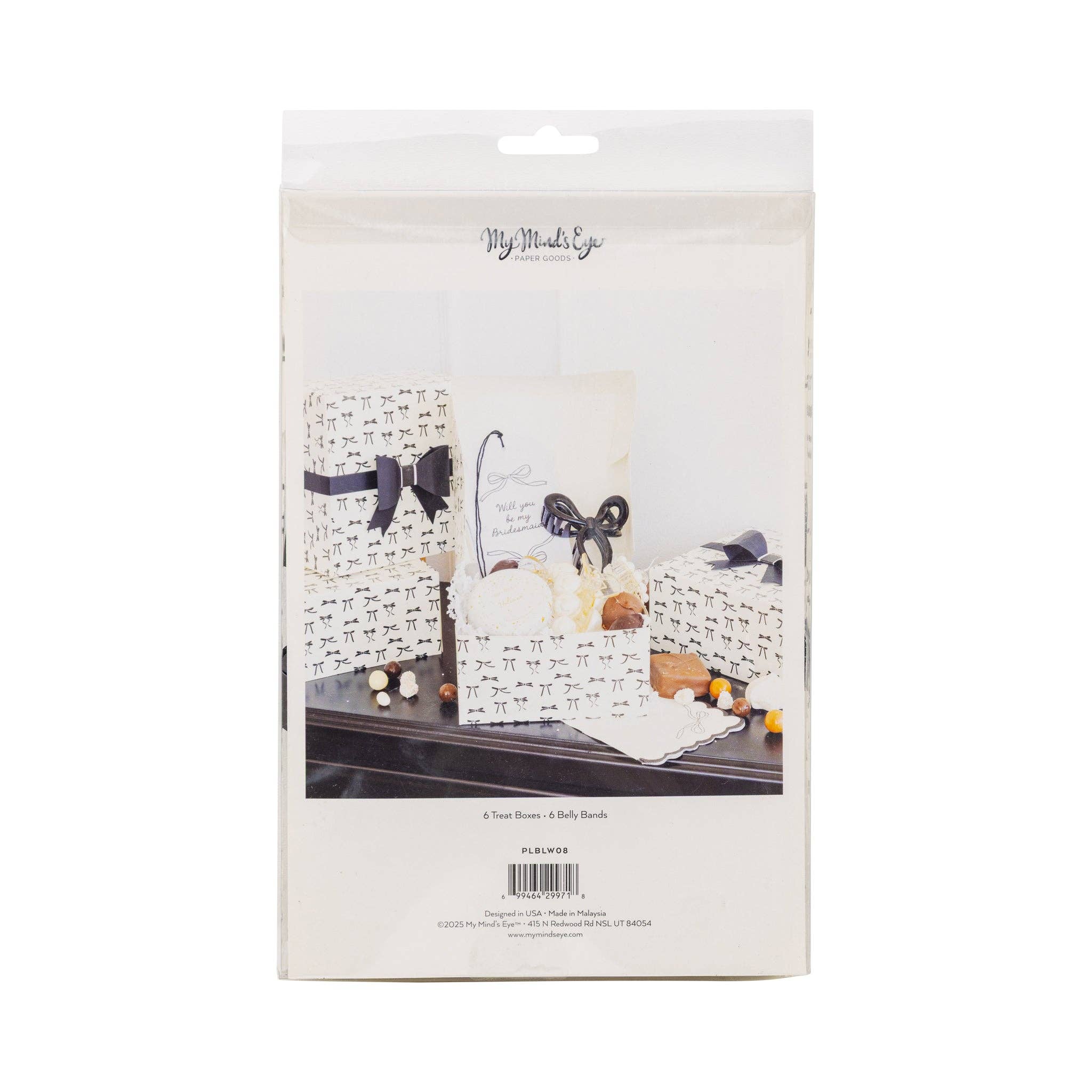 Back packaging of Tying the Knot Treat Boxes showing product details.