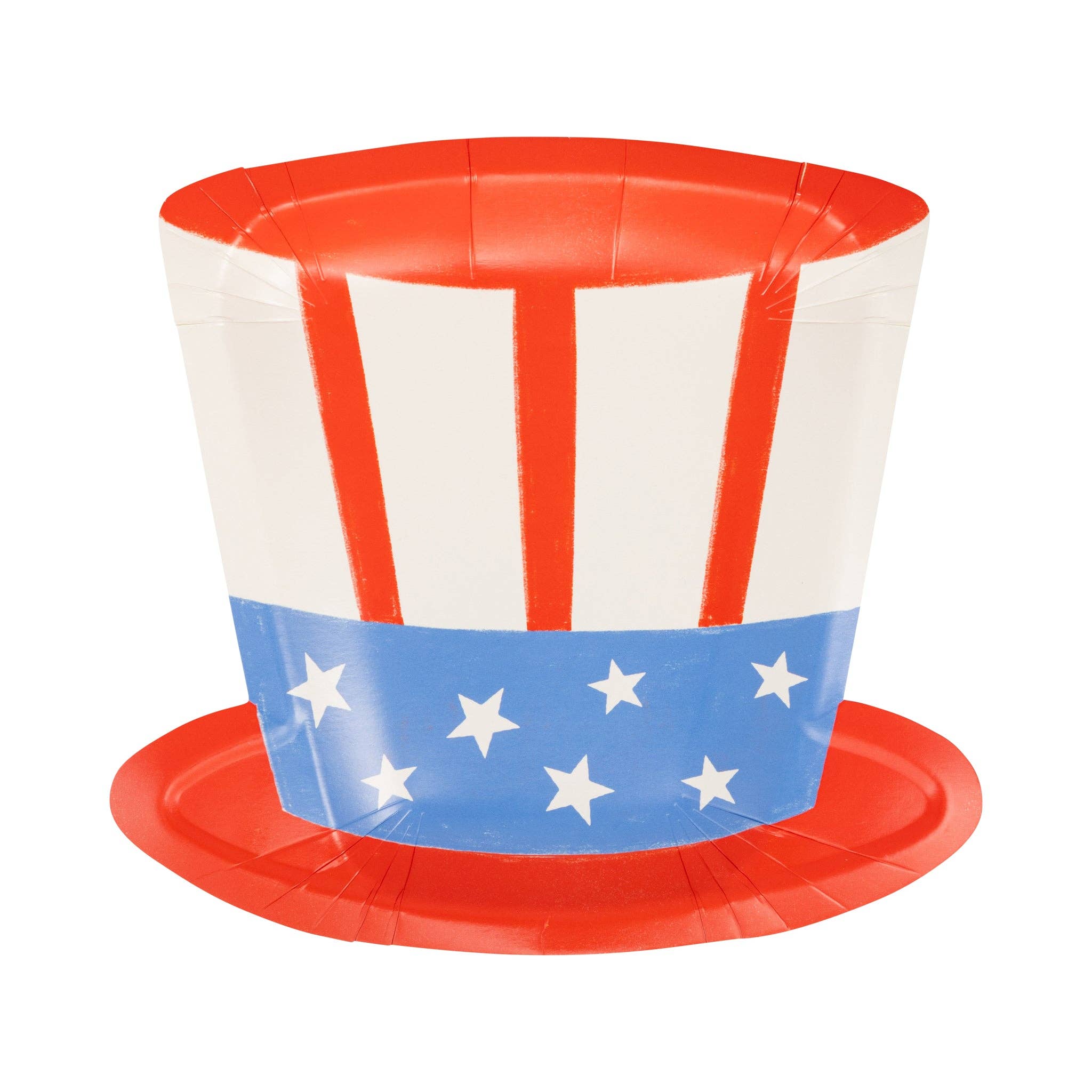 Single Uncle Sam hat shaped paper plate on white background showing full die-cut silhouette with red stripes, blue star band, and red brim
