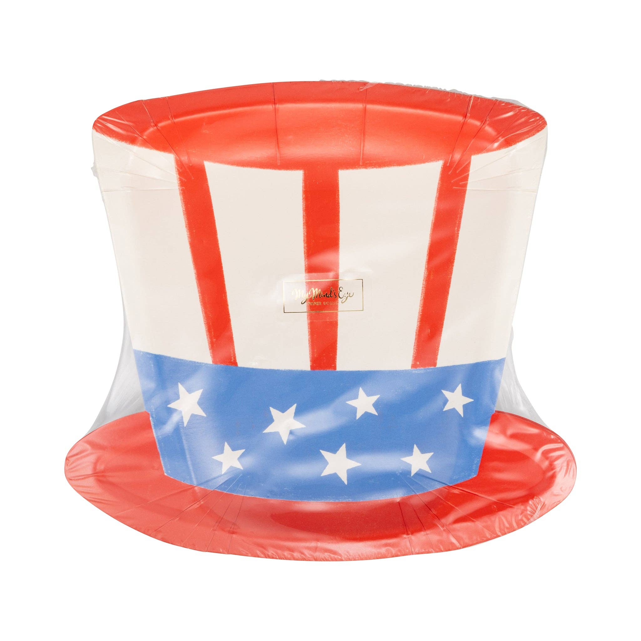 Front view of sealed package of Uncle Sam hat shaped paper plates showing red and white striped crown with blue star band design