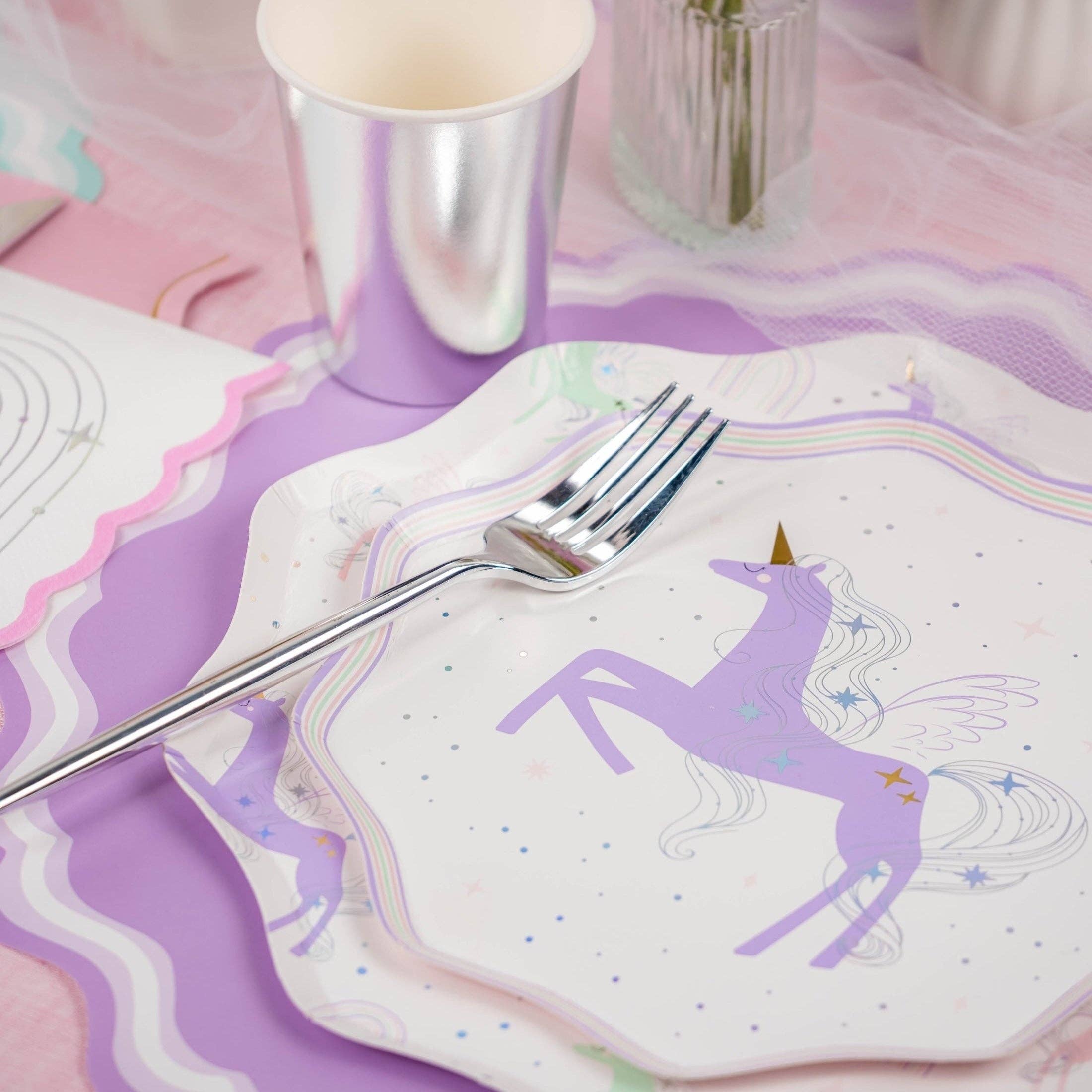 unicorn party plate with lavender scallop placemat and pastel table setting
