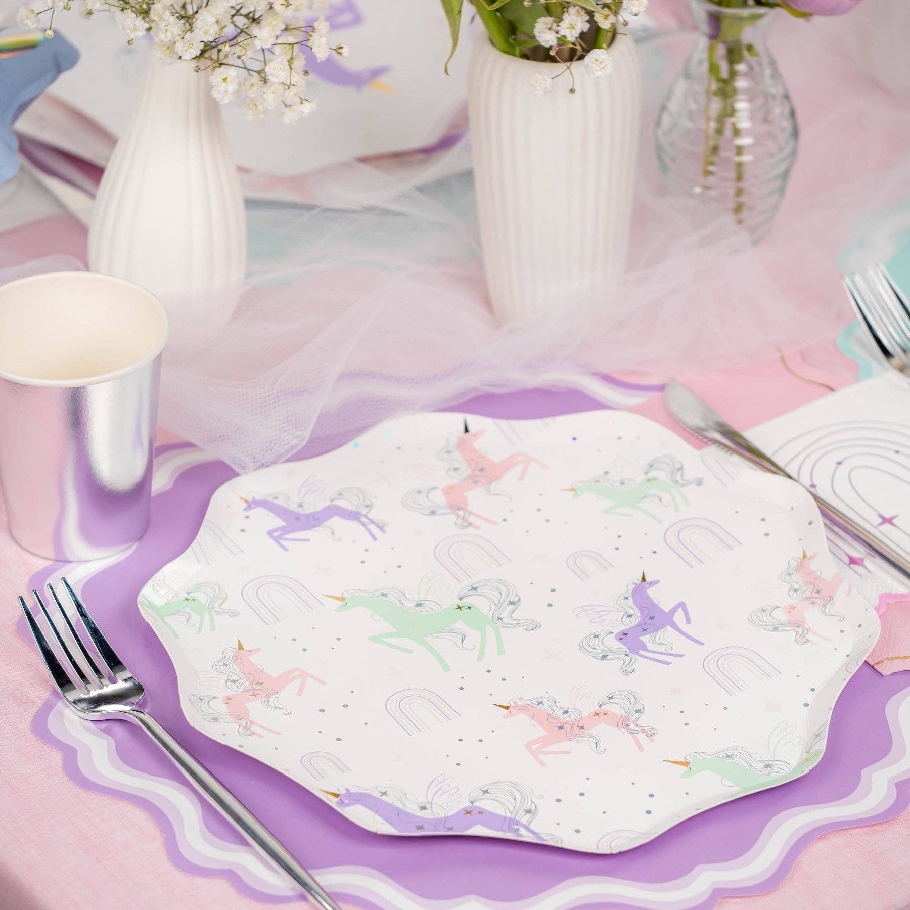 unicorn print plate on lavender scallop placemat with pink table decor