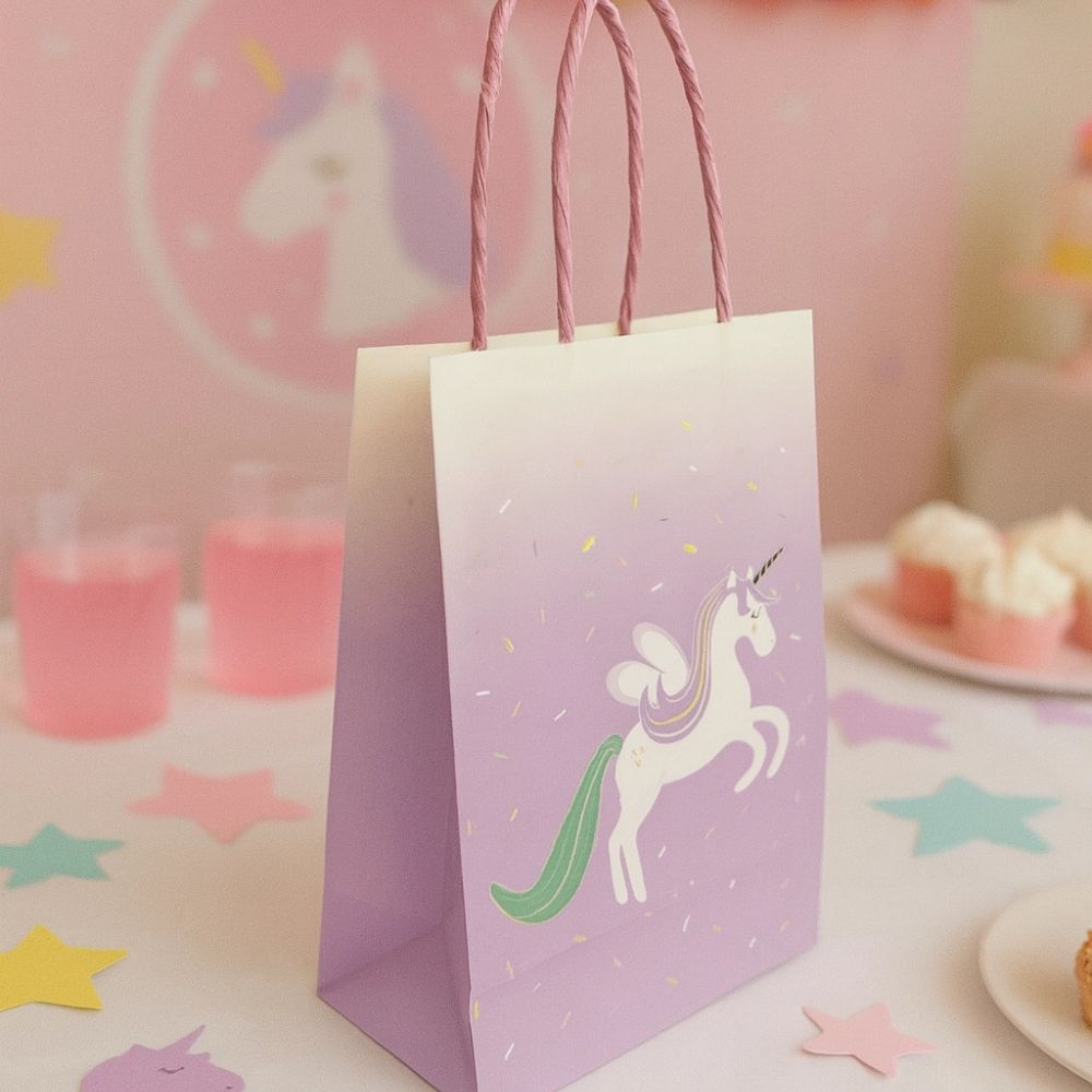 Unicorn favor bag styled on a party table with pink drinks and cupcakes