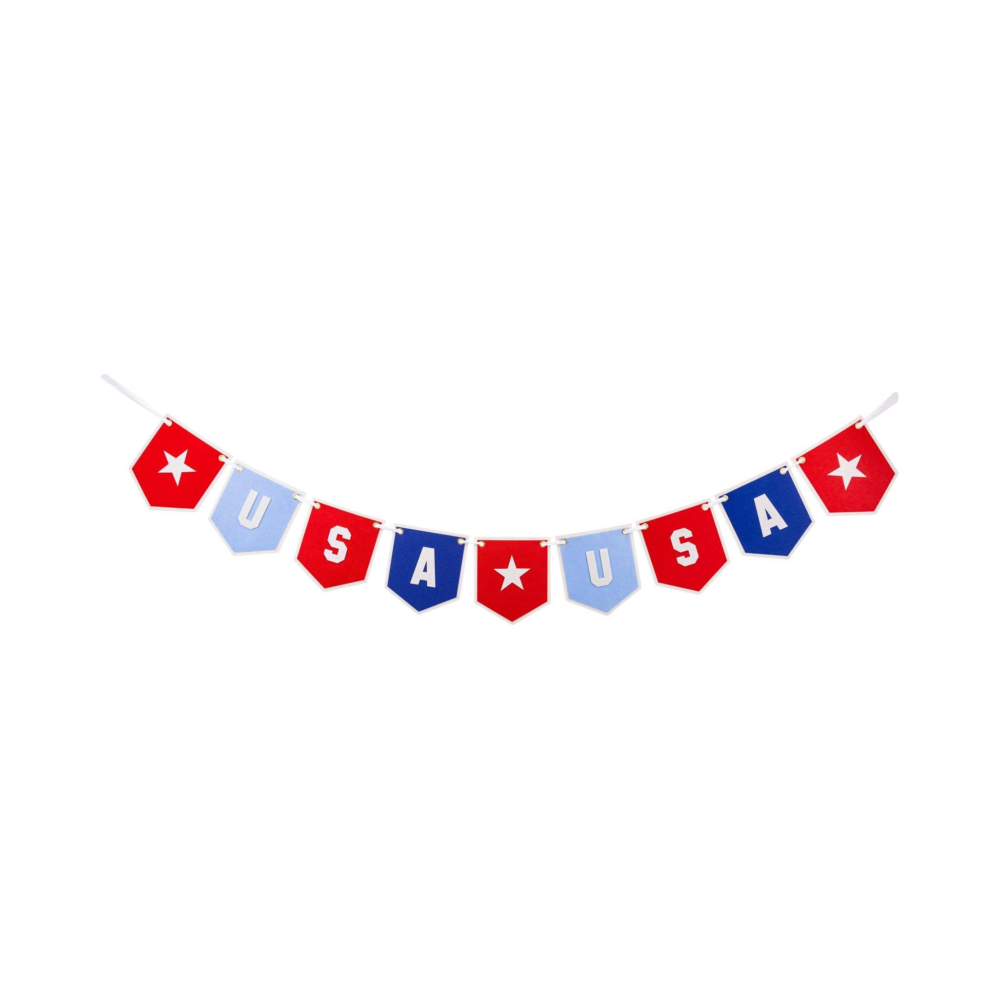 Full USA felt pennant banner laid out on white background showing all nine red, light blue, and navy pennant pieces with stars and letters strung on cream ribbon