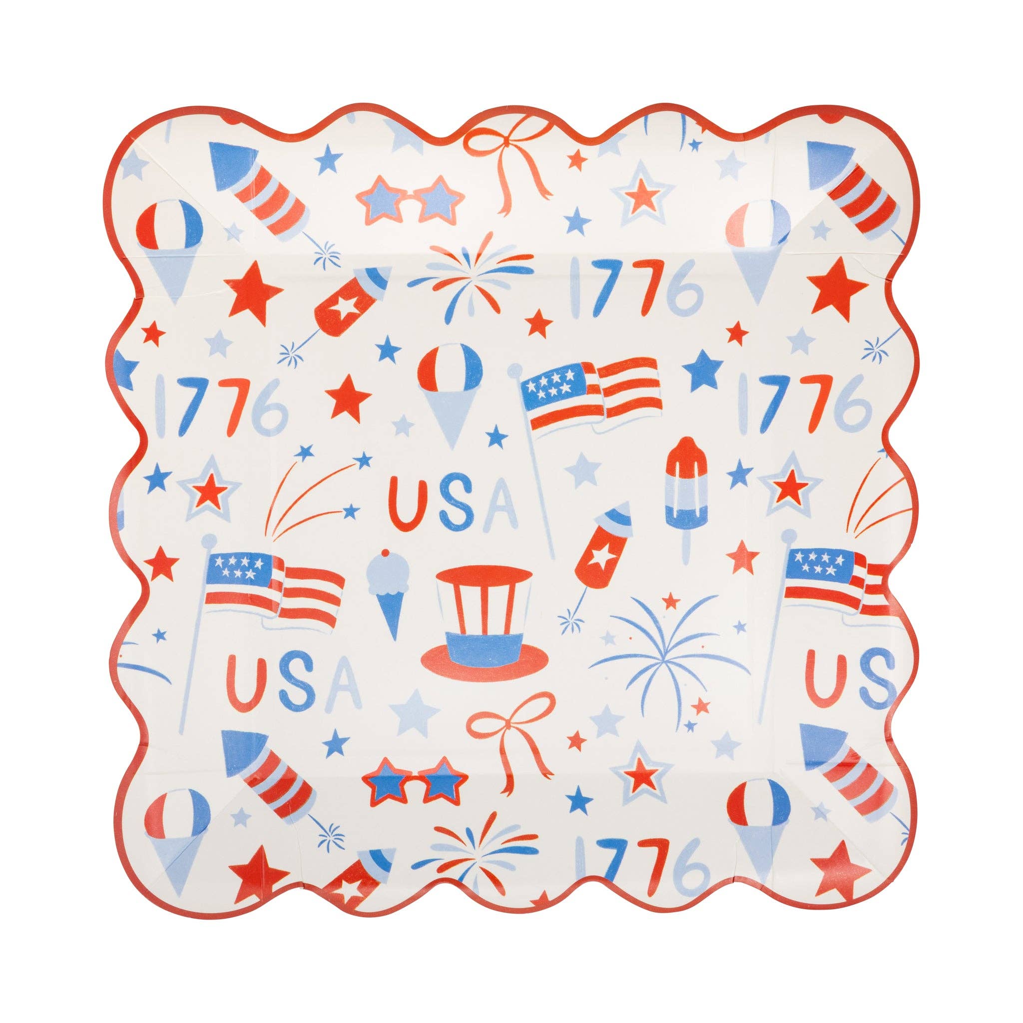Single USA icons scalloped paper plate on white background showing full square shape with red scalloped edge and all-over Americana icons pattern