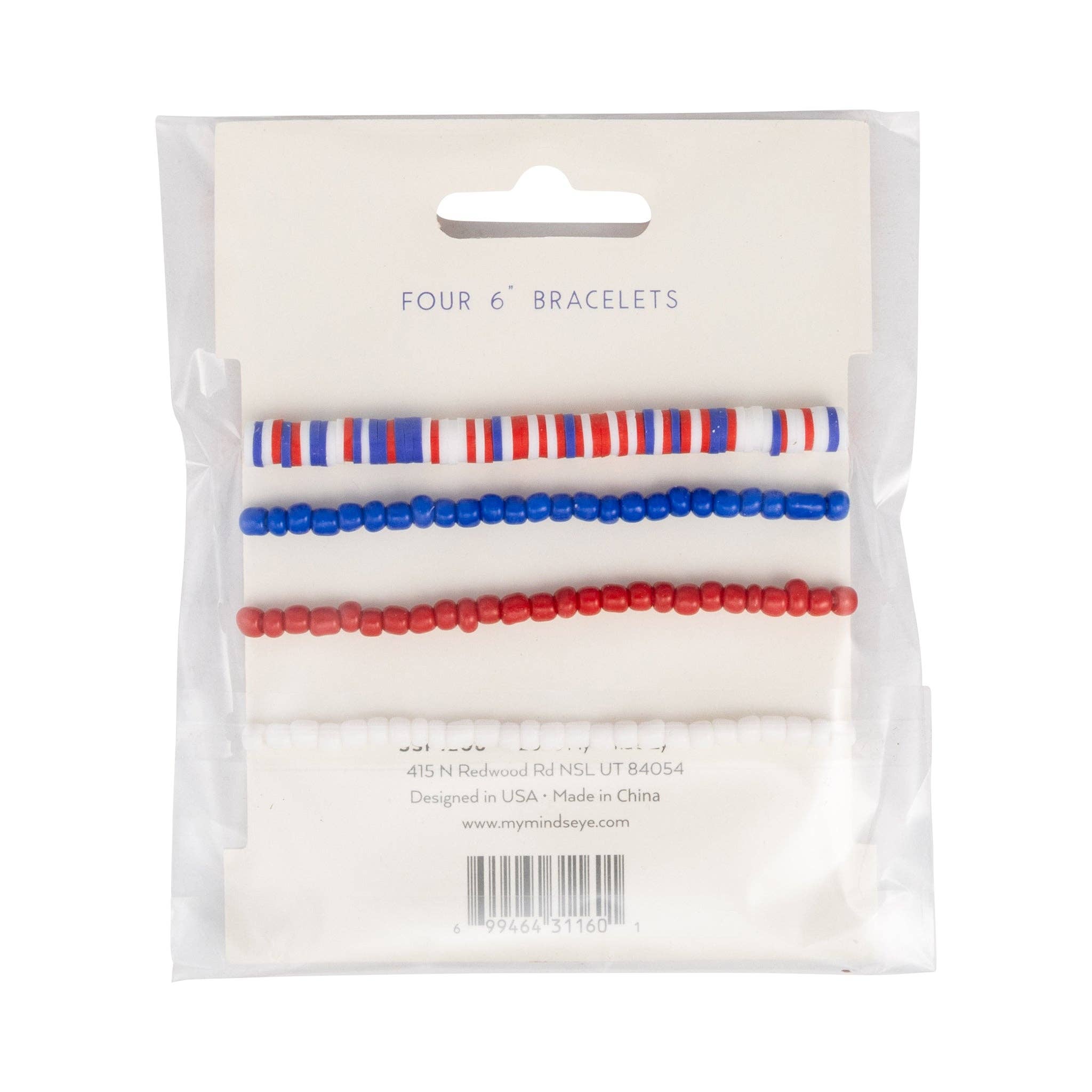 Back of packaging for USA patriotic beaded bracelet set showing four 6 inch bracelets on card with barcode