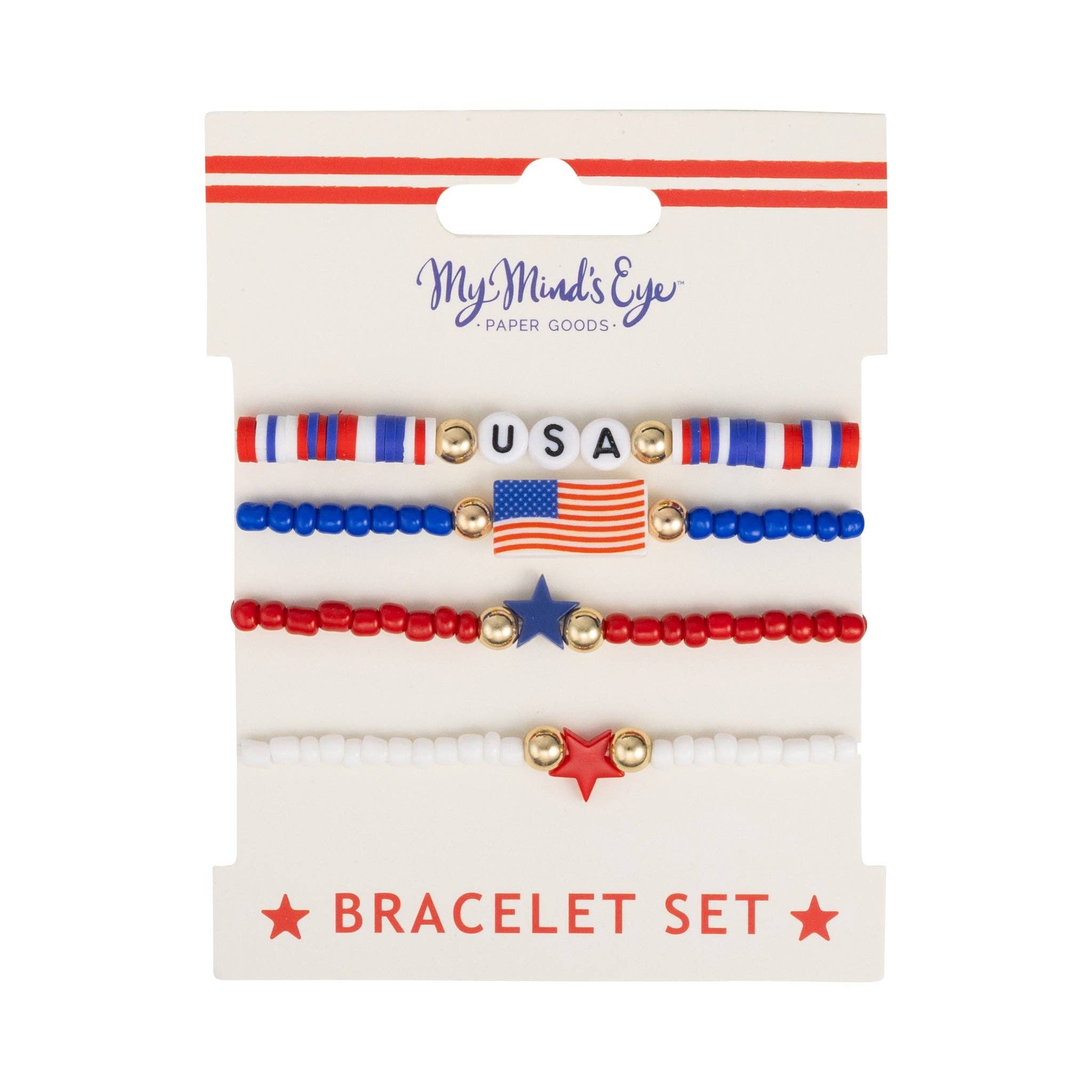 Front of packaging for patriotic bracelet set by My Mind's Eye showing four beaded bracelets with USA letters, flag charm, and star details on branded gift card