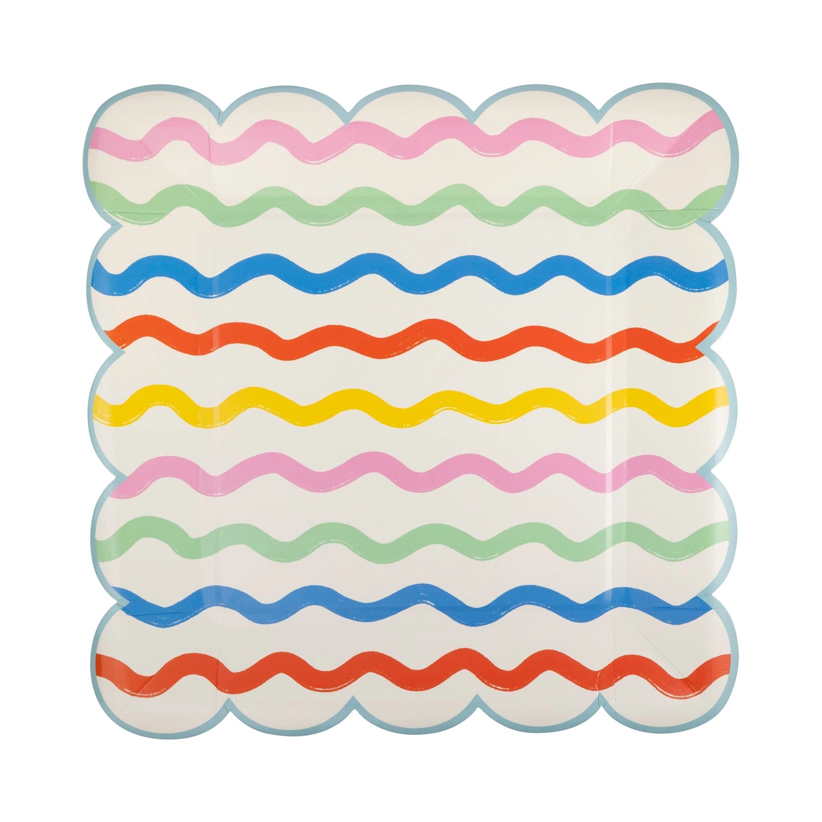 Straight-on plate – Overhead shot of the same ric-rac striped plate laid flat, highlighting the evenly spaced rainbow waves and scalloped edges.