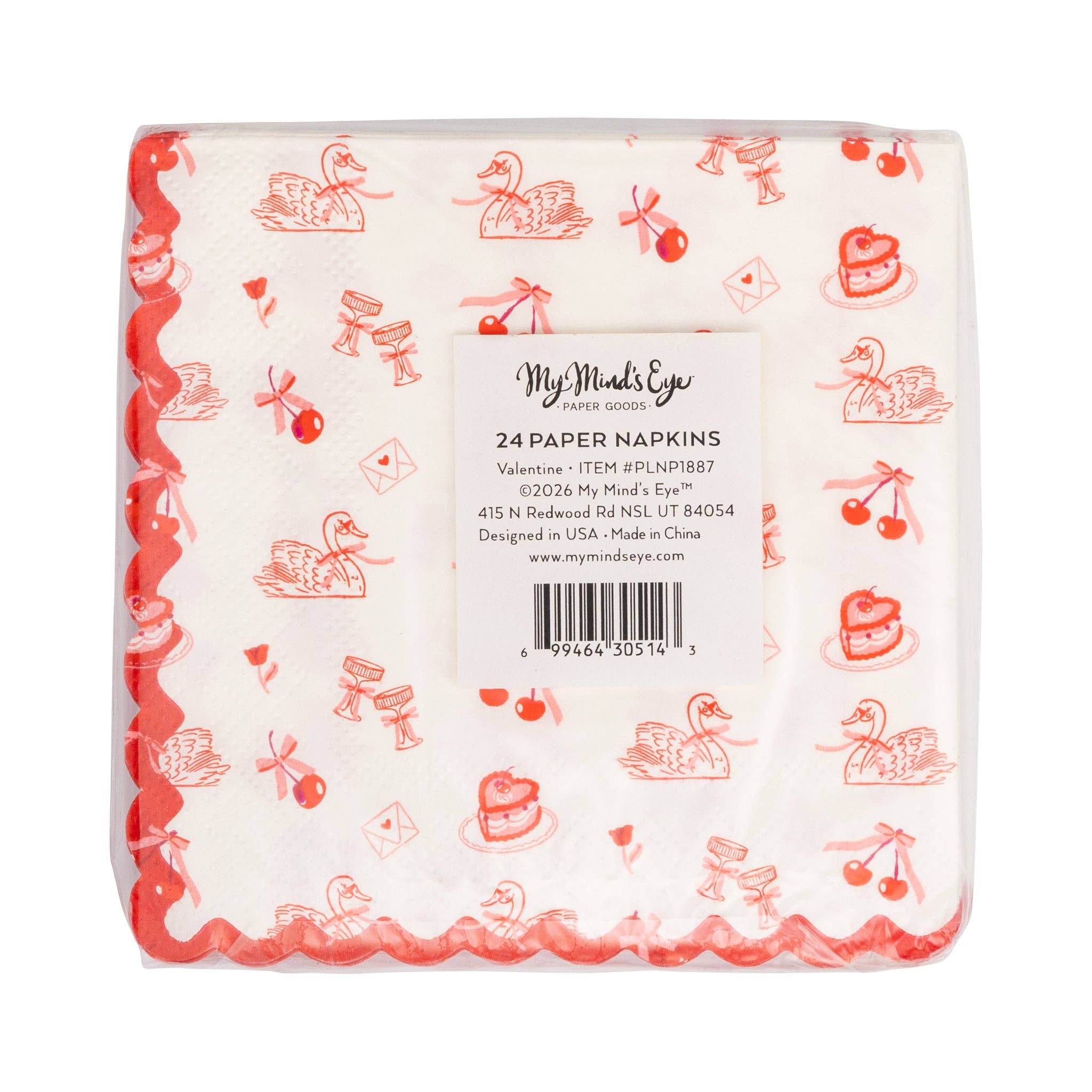 This image shows the back of the packaged Valentine cocktail napkins with the product label visible.