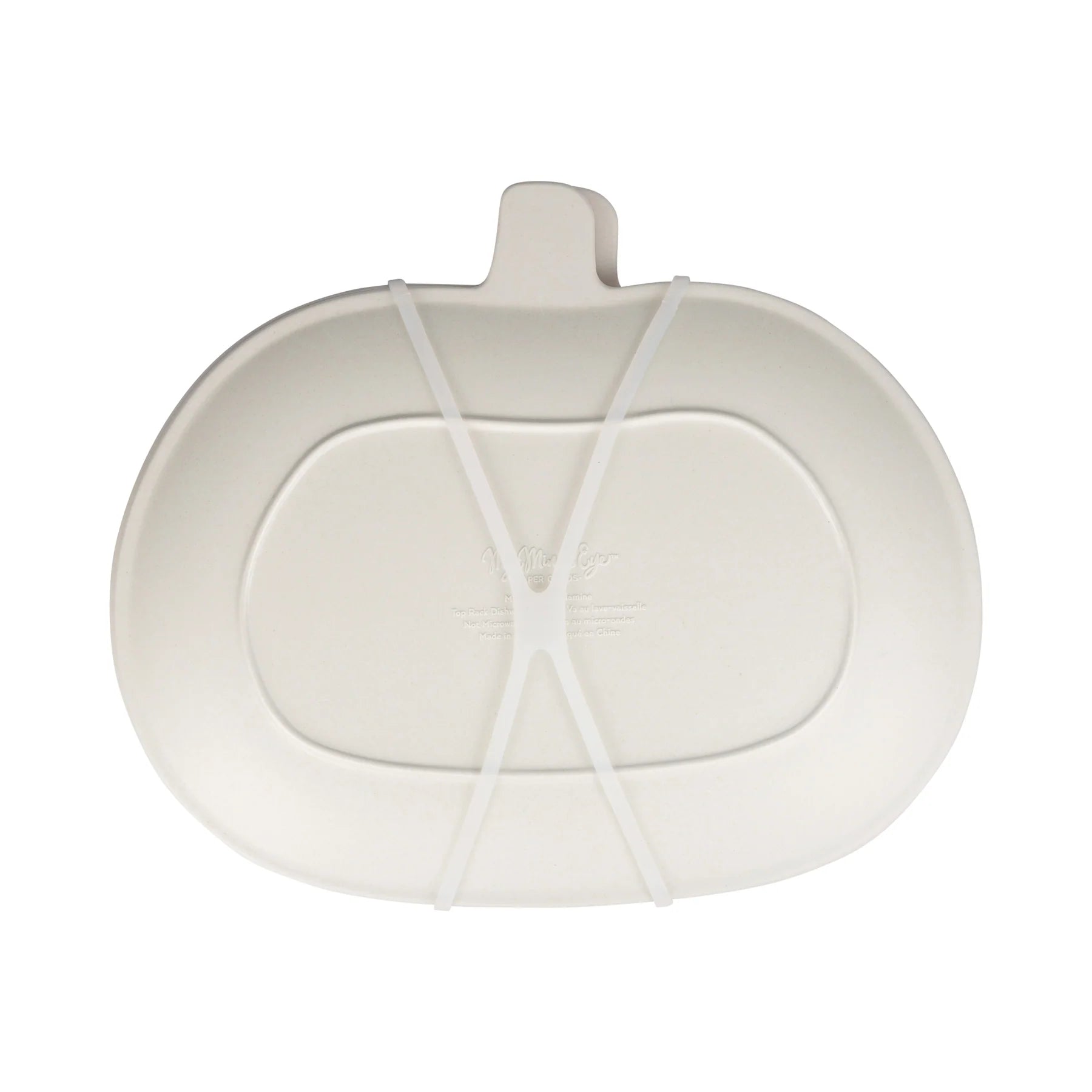 Back of bamboo melamine pumpkin plate showing cream reverse and product label.