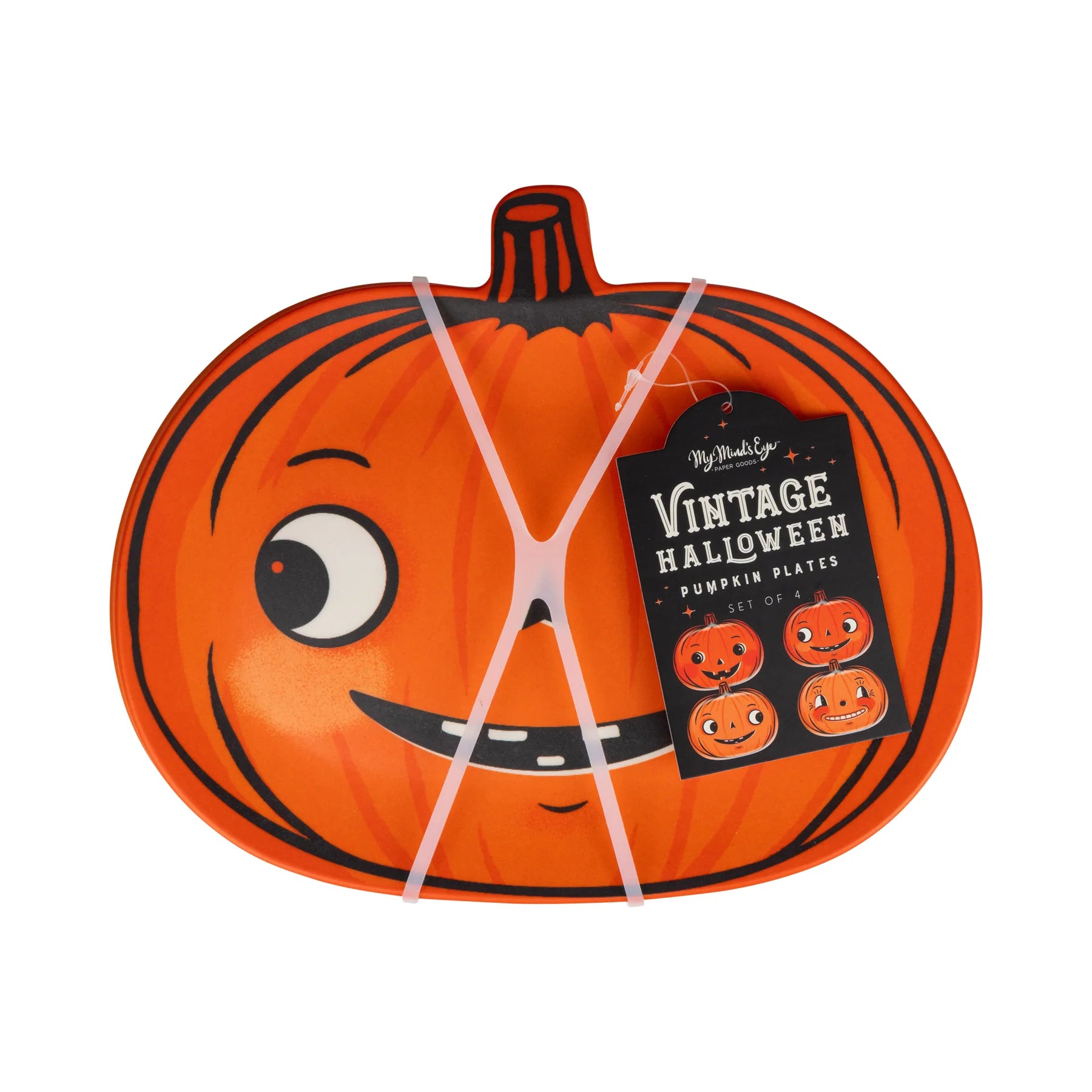  Packaged vintage Halloween pumpkin plates, set of four reusable bamboo plates with hang tag.