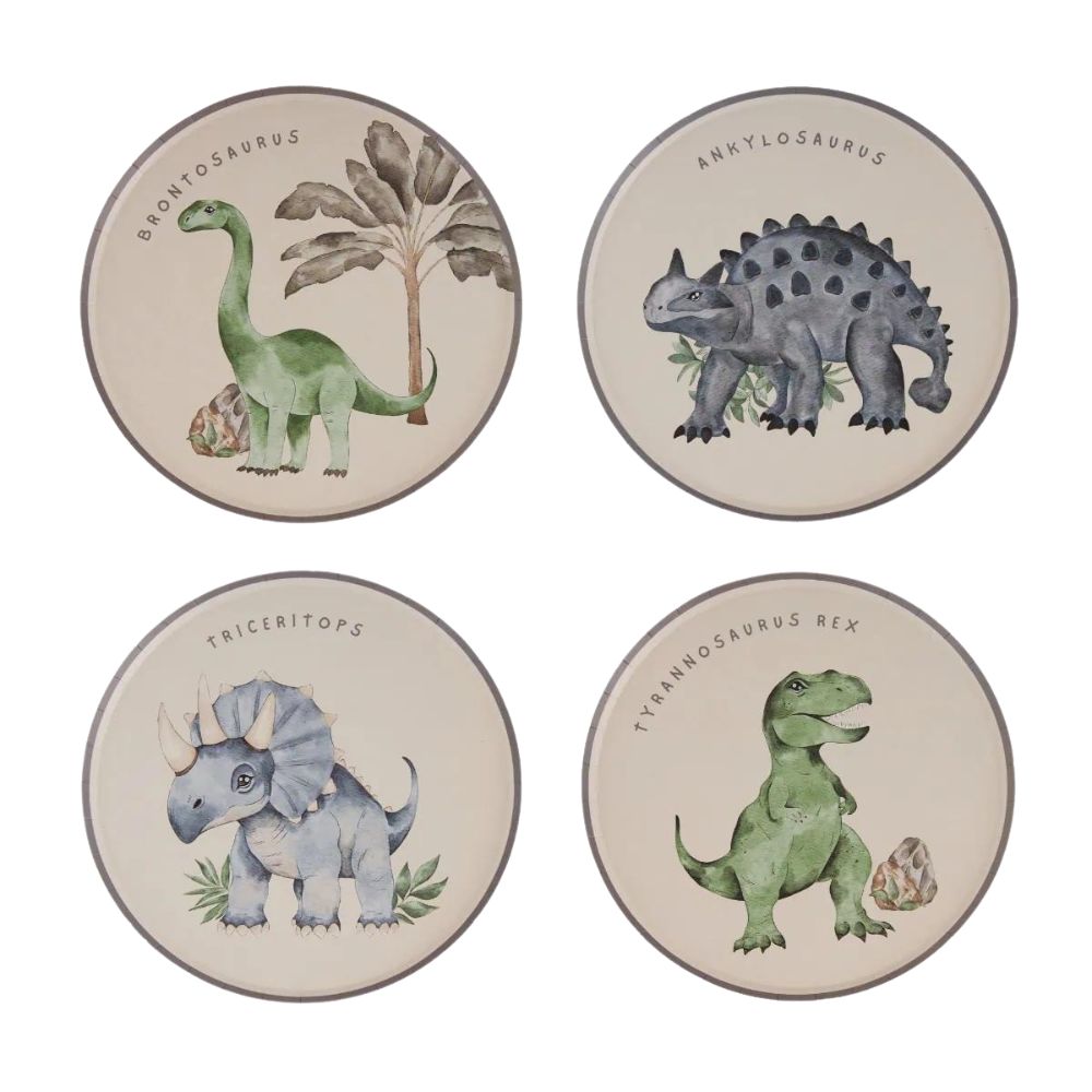Grid of four different watercolor dinosaur plates