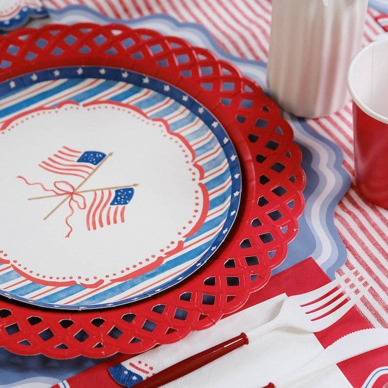 Side view of American Flag Paper Plates showcasing the matte finish and Watercolor Flag Party Supplies style.