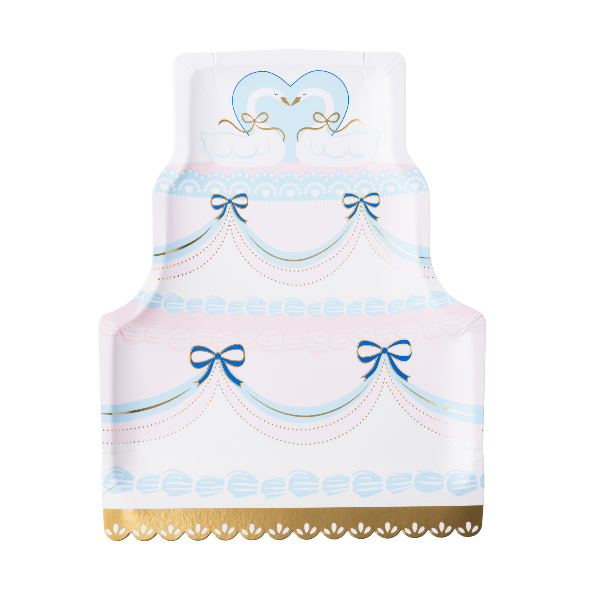 wedding cake shaped paper plate with swan topper design blue bows and gold trim.