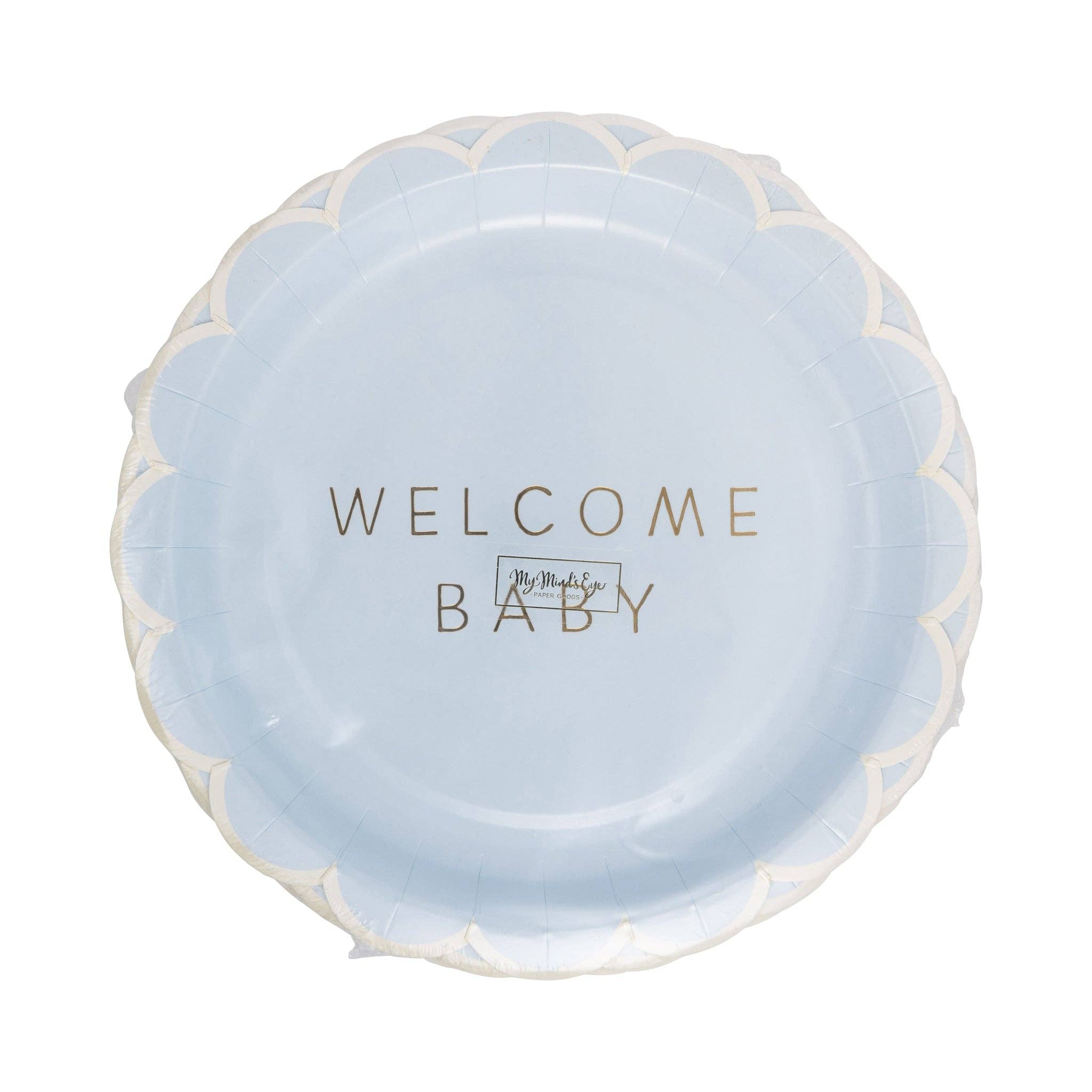 Packaging of blue welcome baby plate with scalloped edge and gold foil lettering