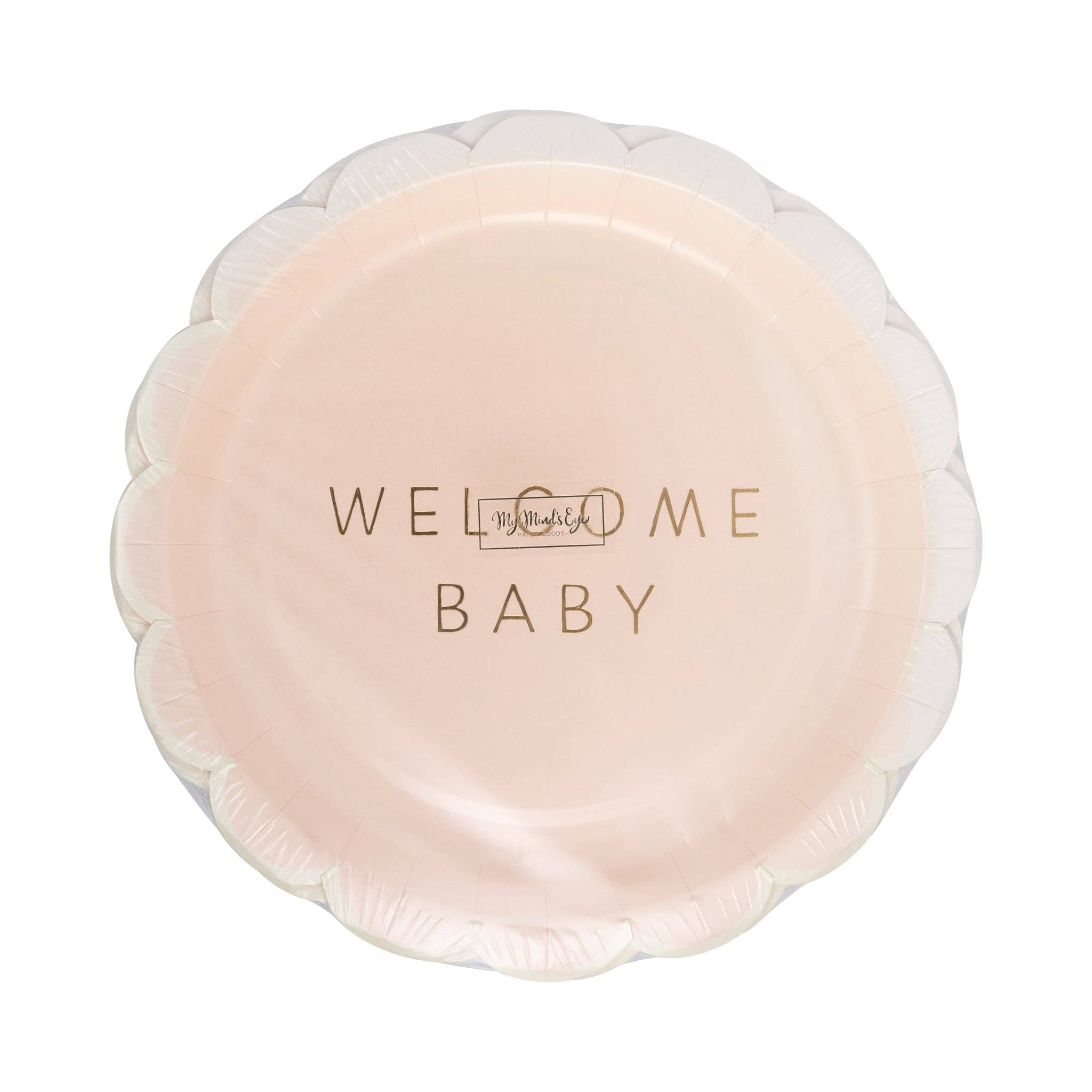 Pack of Welcome Baby pink paper plates wrapped in clear packaging