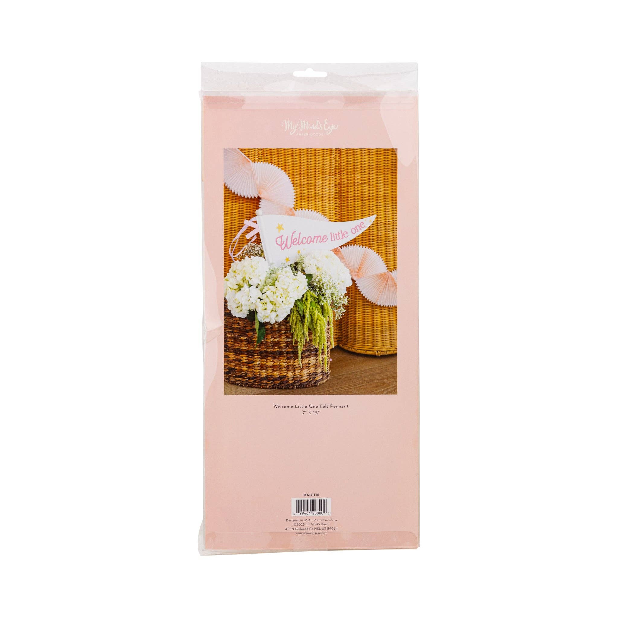 Back view of packaged welcome little one pink pennant showing product size