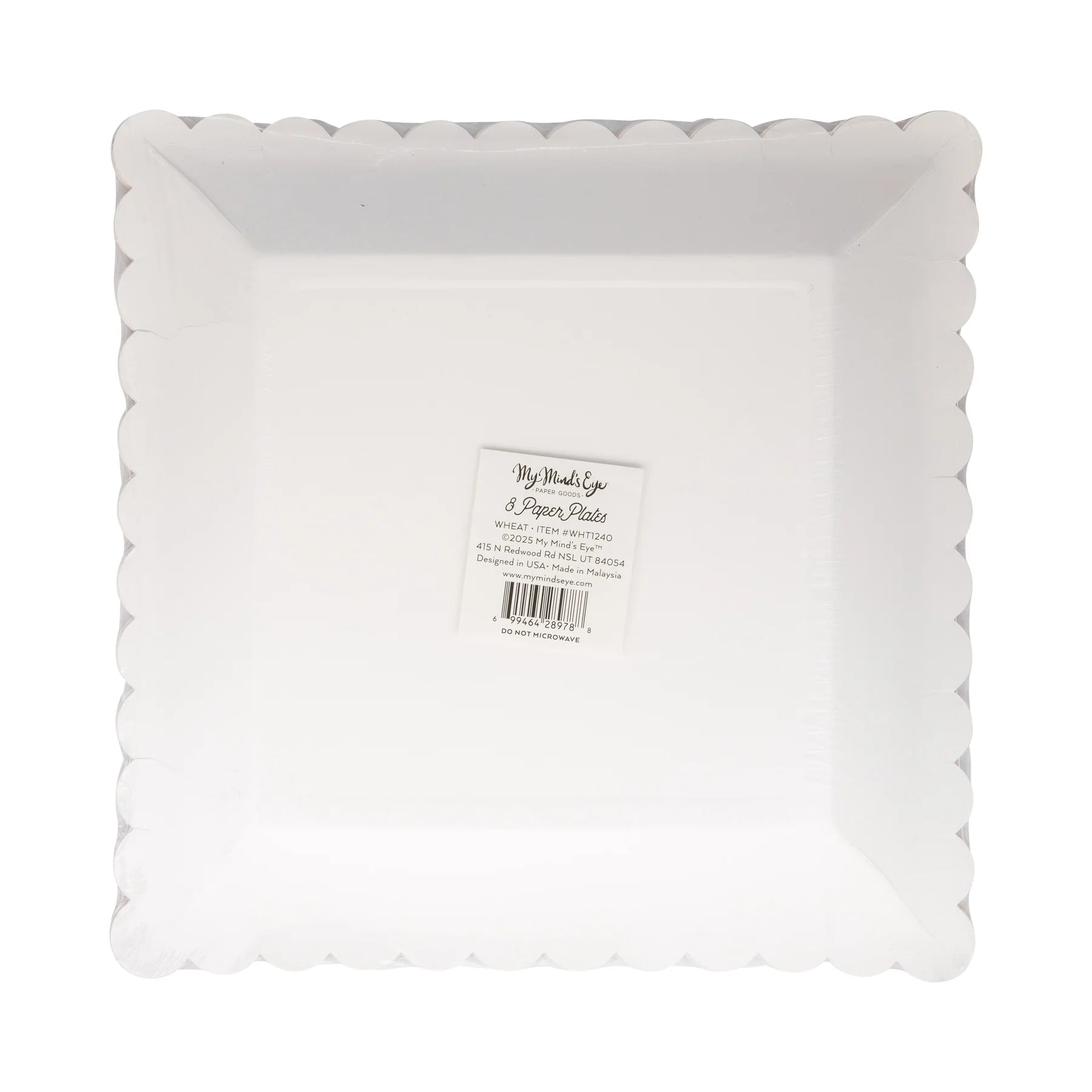 Back of package for Wheat 9-inch square paper plates with barcode label and scalloped edge.