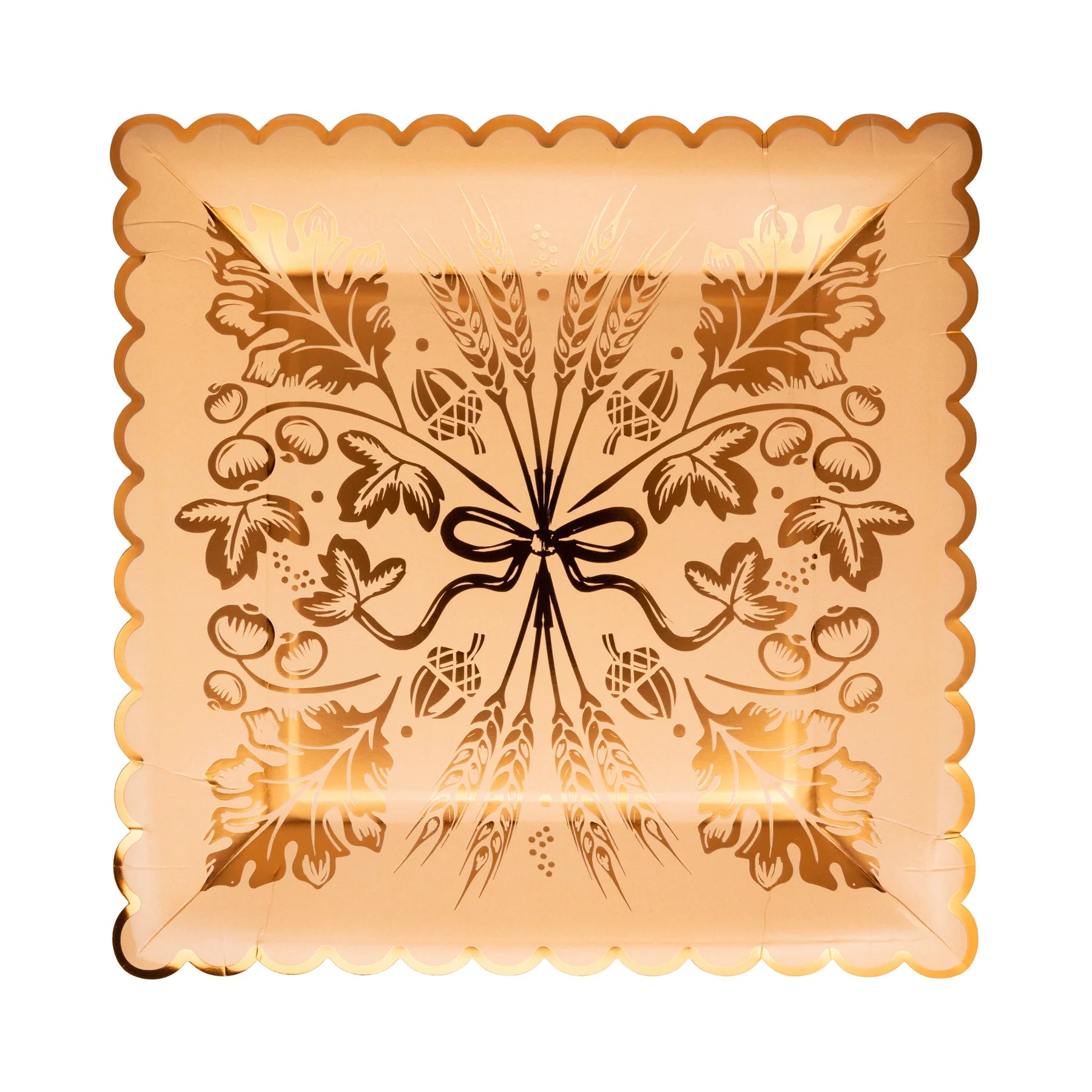 Single Wheat 9-inch square plate, rust background with copper-foil wheat bouquet, isolated on white.