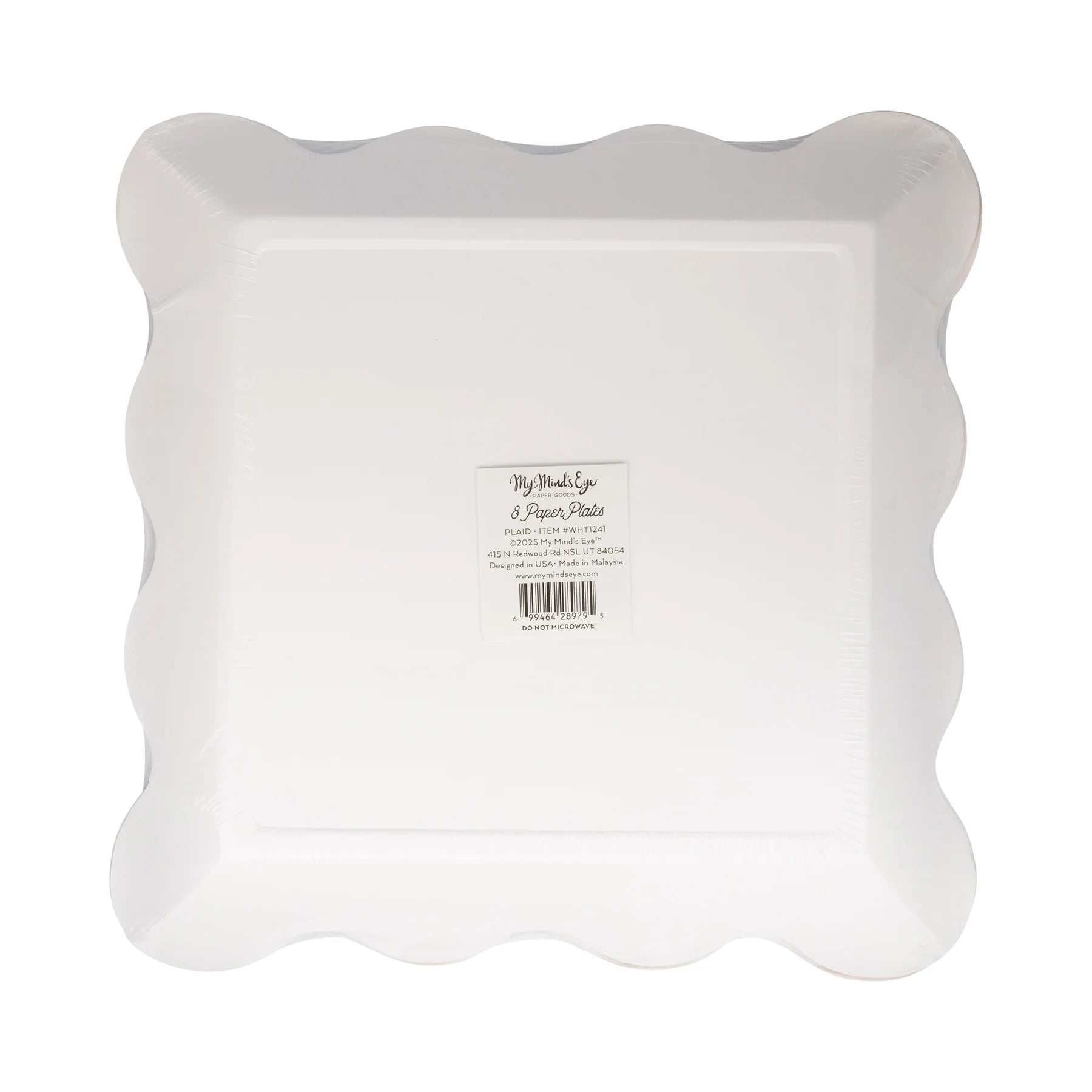 Back of package for Wheat Plaid 10-inch square paper plates with barcode label.