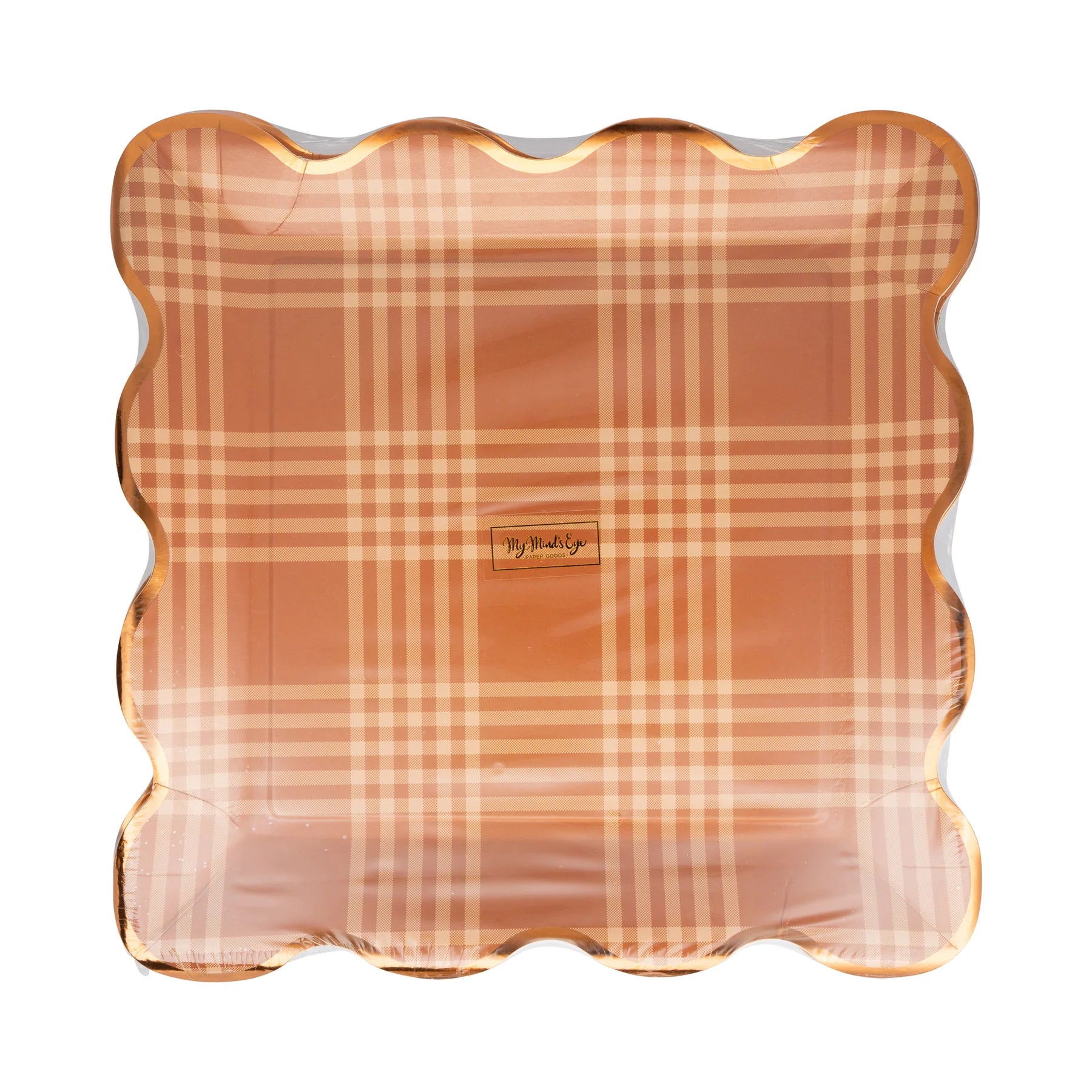 Front of pack showing rust plaid plate with copper-foil edge and scalloped sides.