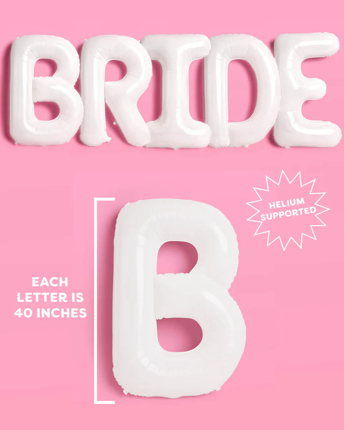 Infographic showing white BRIDE letter balloons spelling bride with callouts for 40 inch letter size and helium supported on pink background