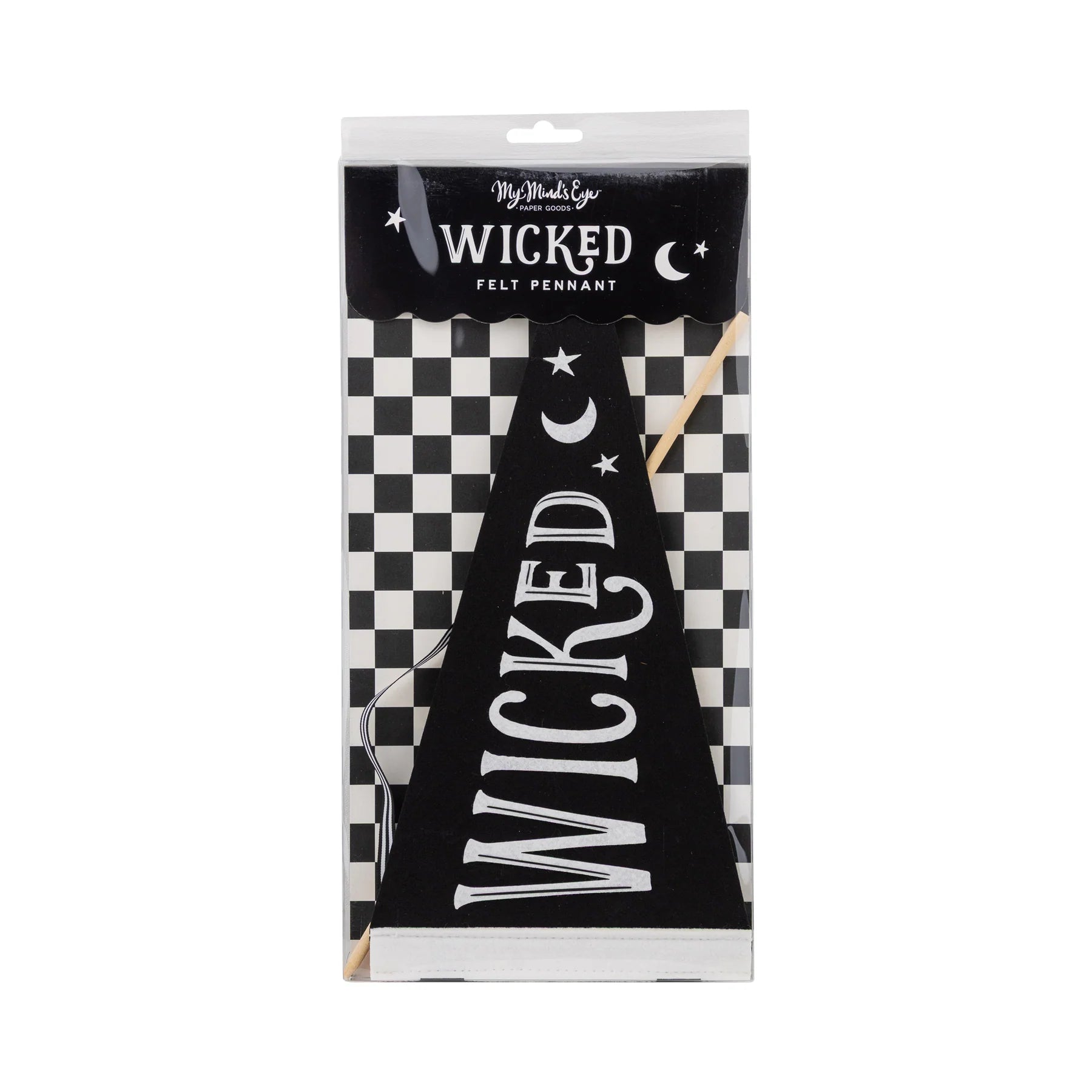 Close-up of WICKED felt pennant—reusable party supplies for spooky styling.