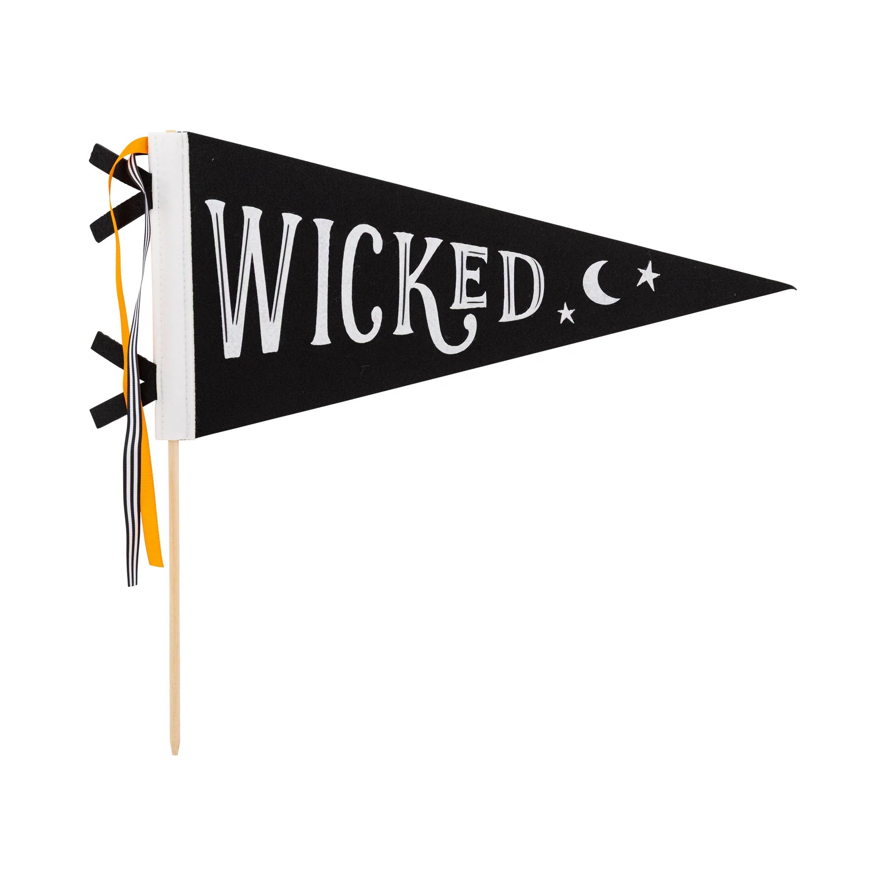 Black WICKED felt pennant with orange and striped ribbons—perfect Boo Basket stuffer.
