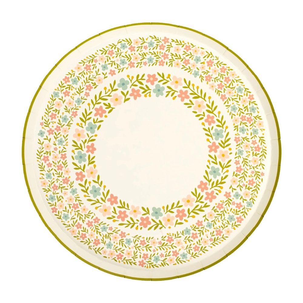 wildflower paper dinner plate with floral wreath design on white background.