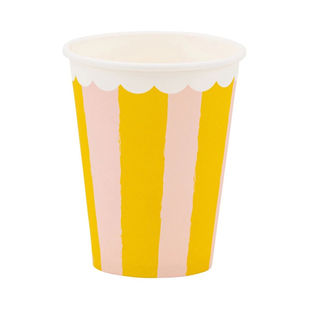 Yellow and pink striped paper party cup with scalloped rim