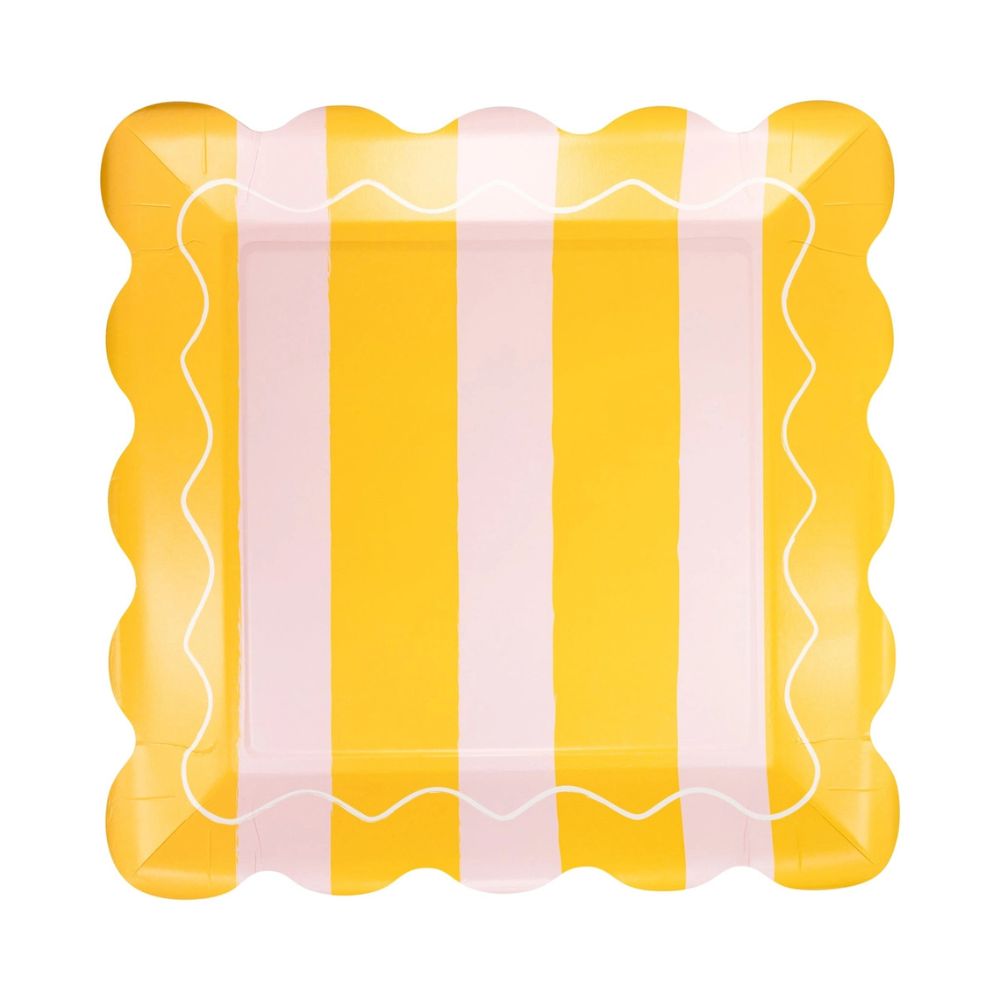 Yellow and pink striped scalloped square plate front view