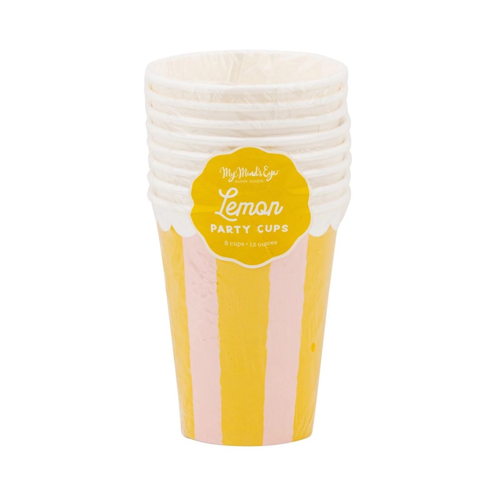Pack of yellow and pink striped party cups in plastic wrap
