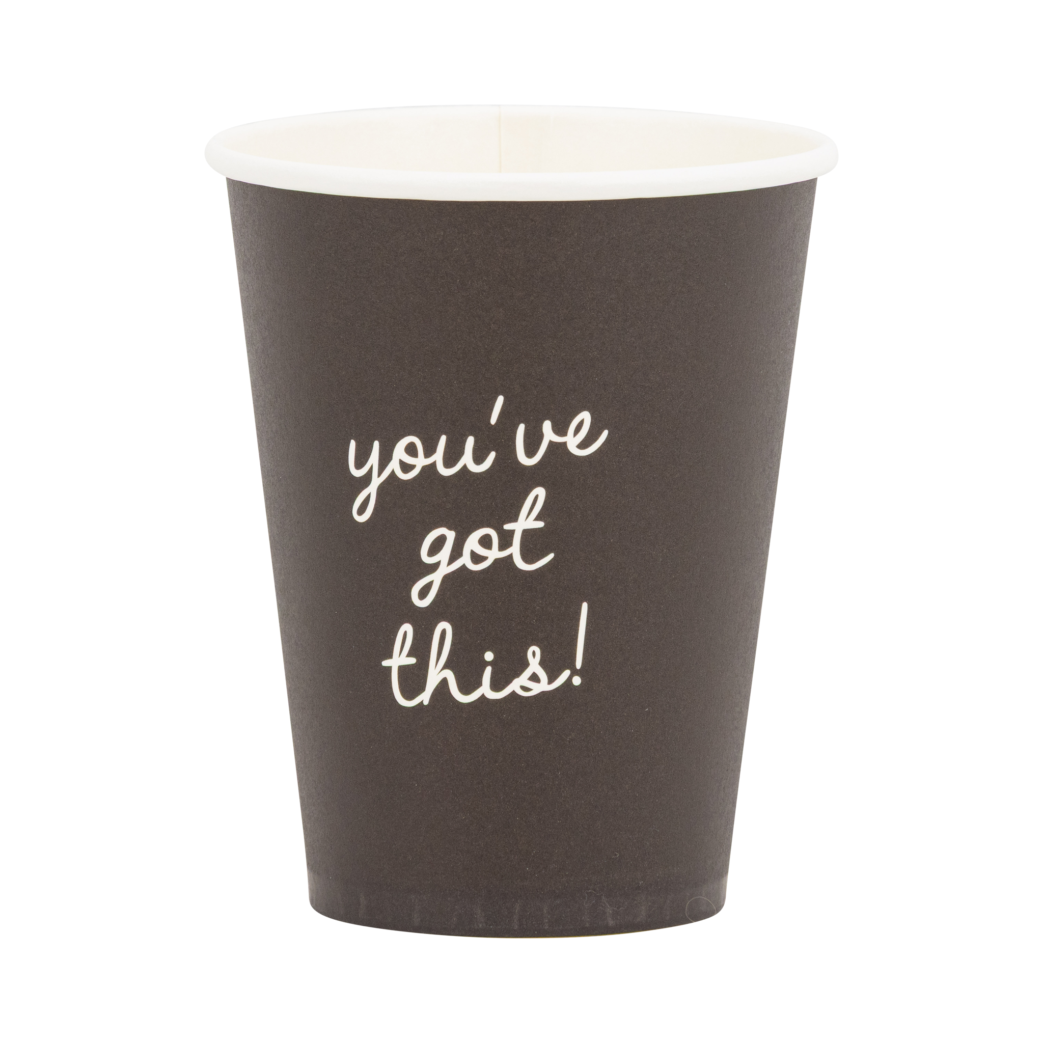 Single black 12 oz paper party cup on a white background showing "you've got this!" in cream script lettering with cream interior