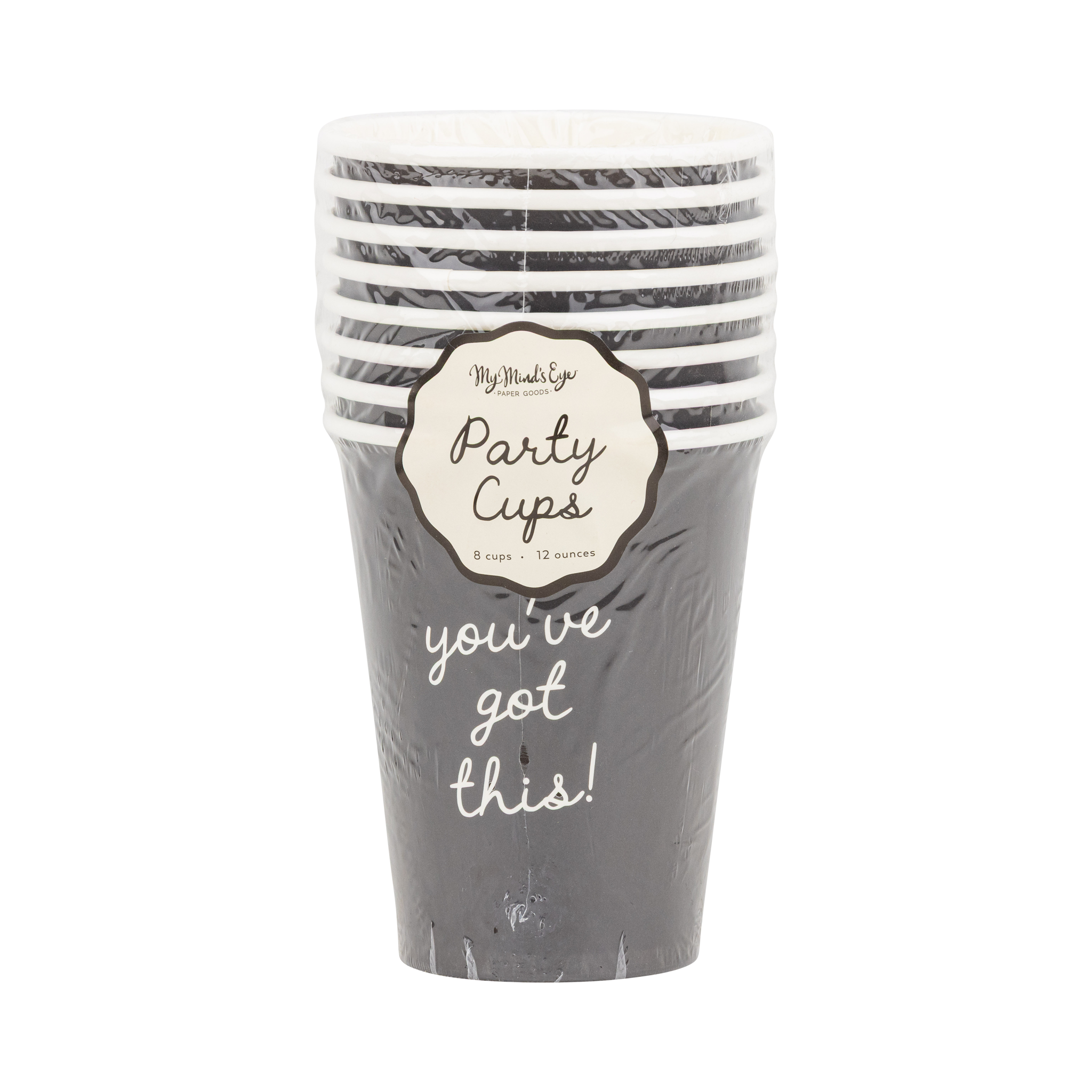 Front view of black 12 oz paper party cup stack with cream scalloped Party Cups label showing 8 cups and 12 ounces